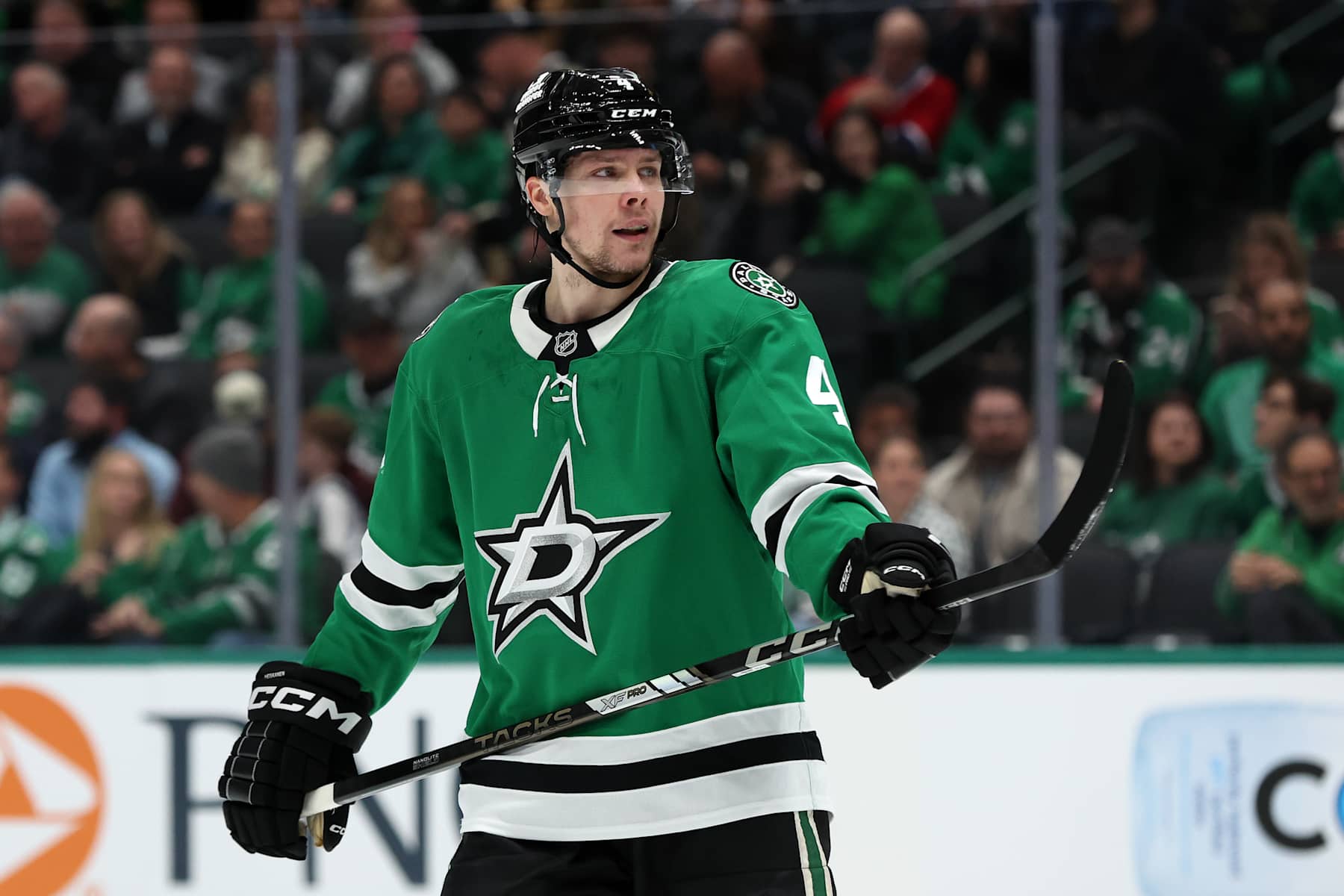 DALLAS, TEXAS - JANUARY 16: Miro Heiskanen #4 of the Dallas Stars looks on during the first period against the Montreal Canadiens at American Airlines Center on January 16, 2025 in Dallas, Texas. (Photo by Sam Hodde/Getty Images)