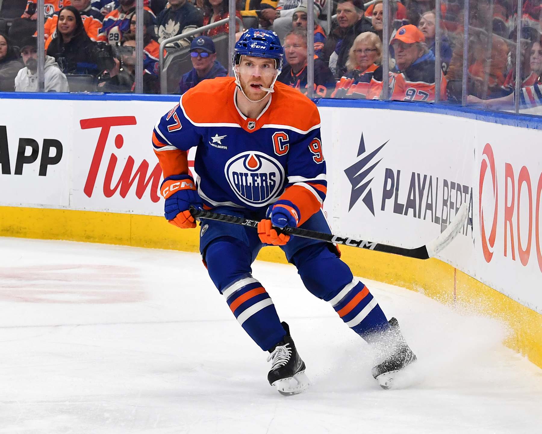 EDMONTON, CANADA - FEBRUARY 1: Connor McDavid #97 of the Edmonton Oilers in action during the game against the Toronto Maple Leafs at Rogers Place on February 1, 2025, in Edmonton, Alberta, Canada. (Photo by Andy Devlin/NHLI via Getty Images)