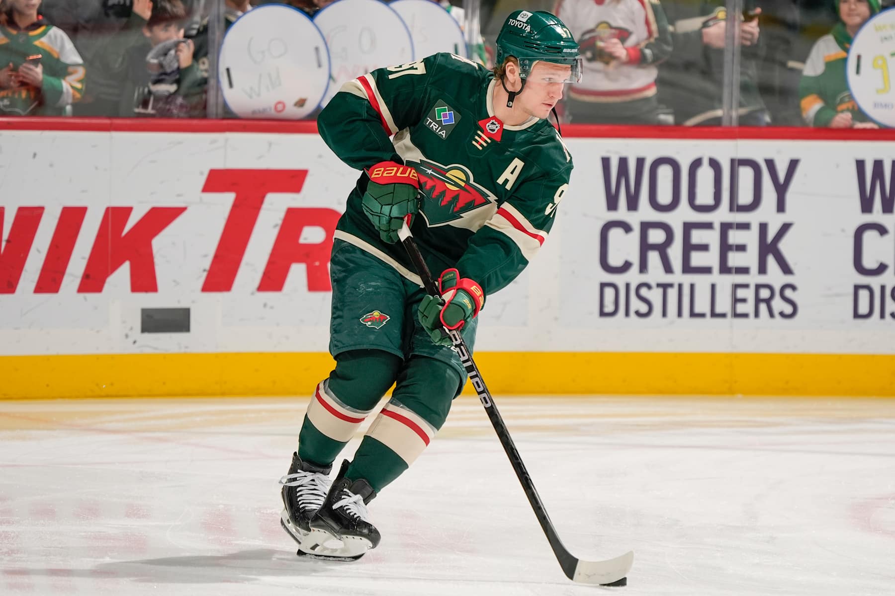SAINT PAUL, MN - JANUARY 23: Kirill Kaprizov #97 of the Minnesota Wild warms up prior to the game against the Utah Hockey Club at the Xcel Energy Center on January 23, 2025 in Saint Paul, Minnesota. (Photo by Bruce Kluckhohn/NHLI via Getty Images)