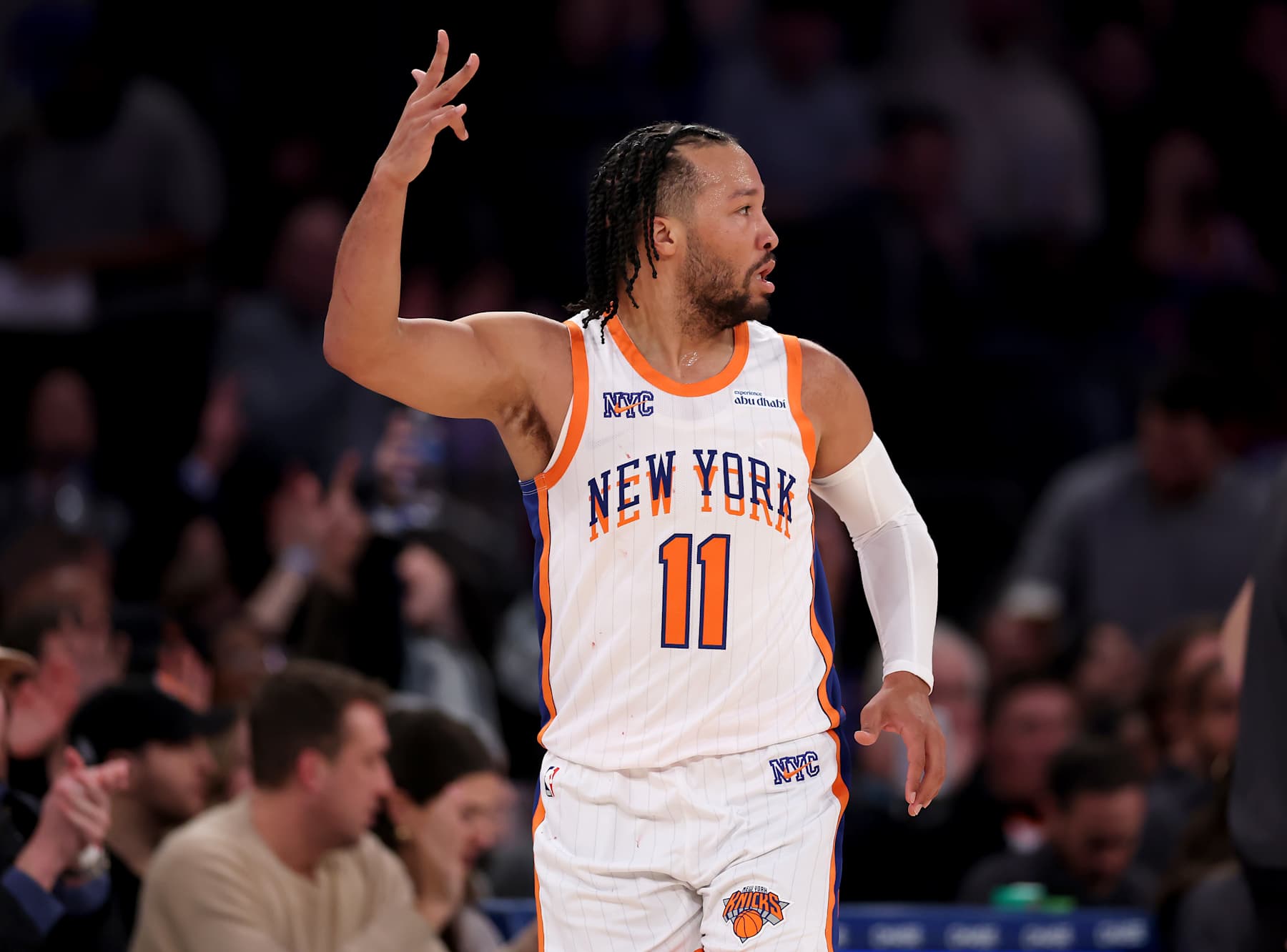 NEW YORK, NEW YORK - JANUARY 10:  Jalen Brunson #11 of the New York Knicks celebrates a three point shot during the first half against the Oklahoma City Thunder at Madison Square Garden on January 10, 2025 in New York City. NOTE TO USER: User expressly acknowledges and agrees that, by downloading and or using this photograph, User is consenting to the terms and conditions of the Getty Images License Agreement. (Photo by Elsa/Getty Images)