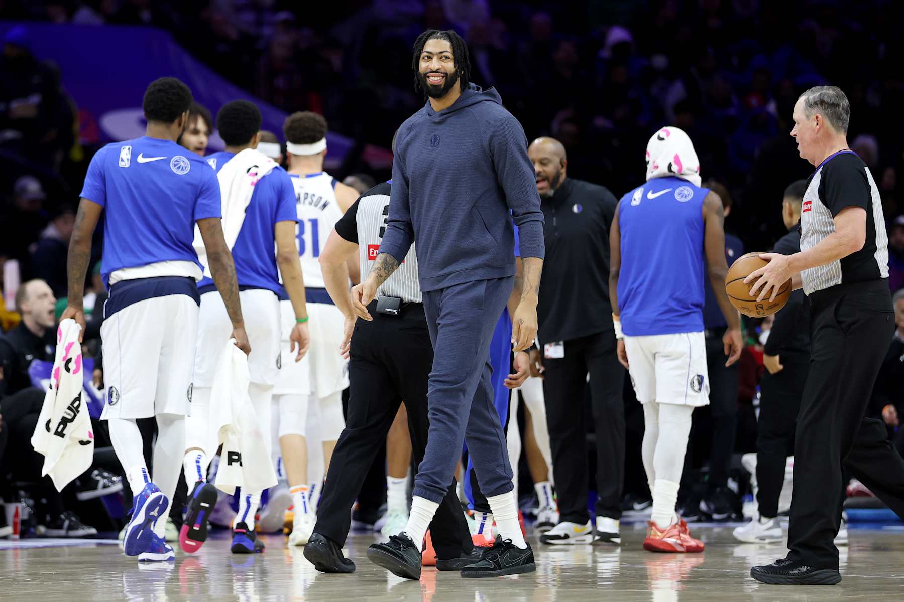 PHILADELPHIA, PENNSYLVANIA - FEBRUARY 04: Anthony Davis of the Dallas Mavericks smiles during the first half of the game against the Philadelphia 76ers at the Wells Fargo Center on February 04, 2025 in Philadelphia, Pennsylvania. NOTE TO USER: User expressly acknowledges and agrees that, by downloading and or using this photograph, User is consenting to the terms and conditions of the Getty Images License Agreement. (Photo by Emilee Chinn/Getty Images)