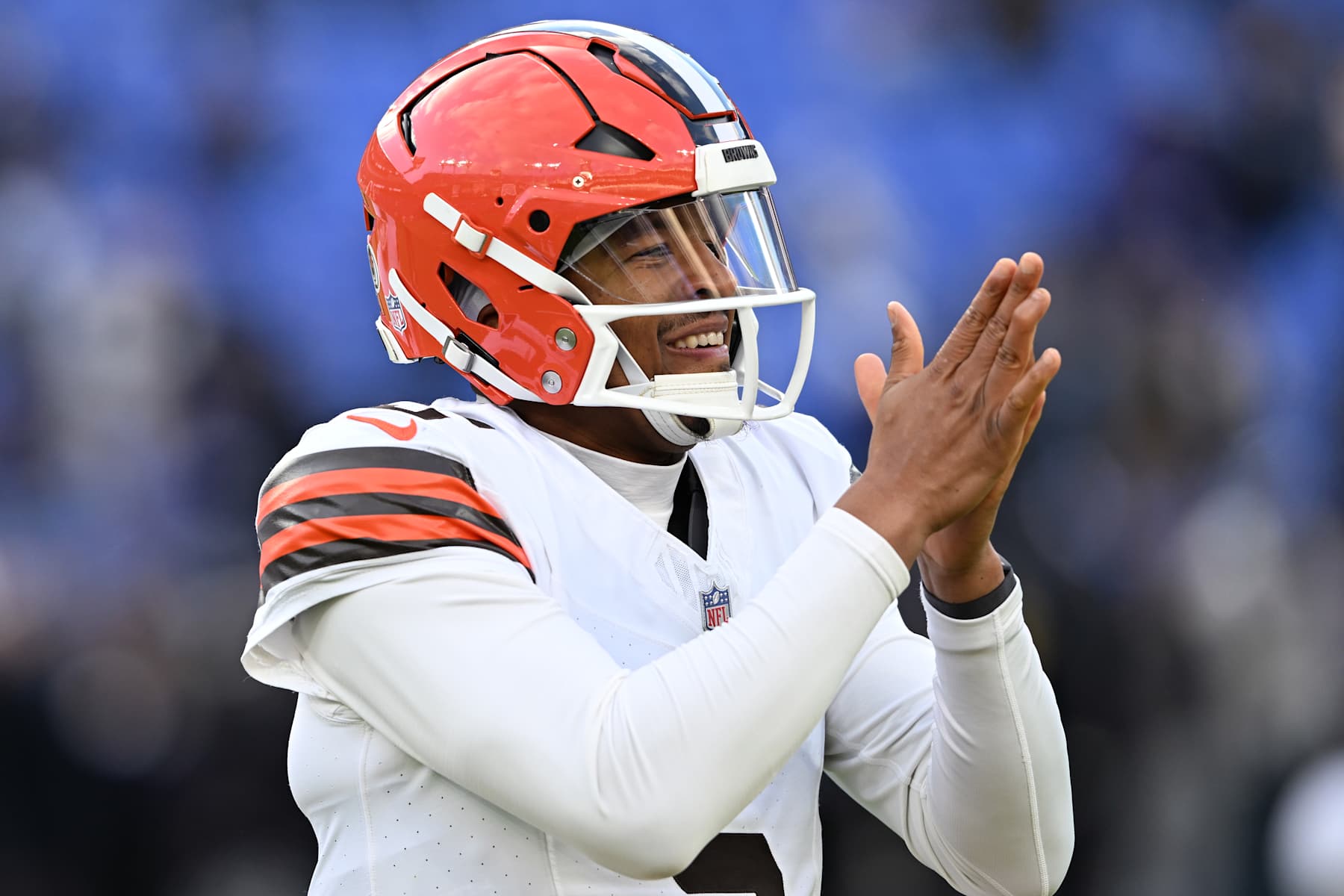 BALTIMORE, MARYLAND - JANUARY 04: Jameis Winston #5 of the Cleveland Browns reacts before the game against the Baltimore Ravens at M&T Bank Stadium on January 04, 2025 in Baltimore, Maryland. (Photo by Greg Fiume/Getty Images)