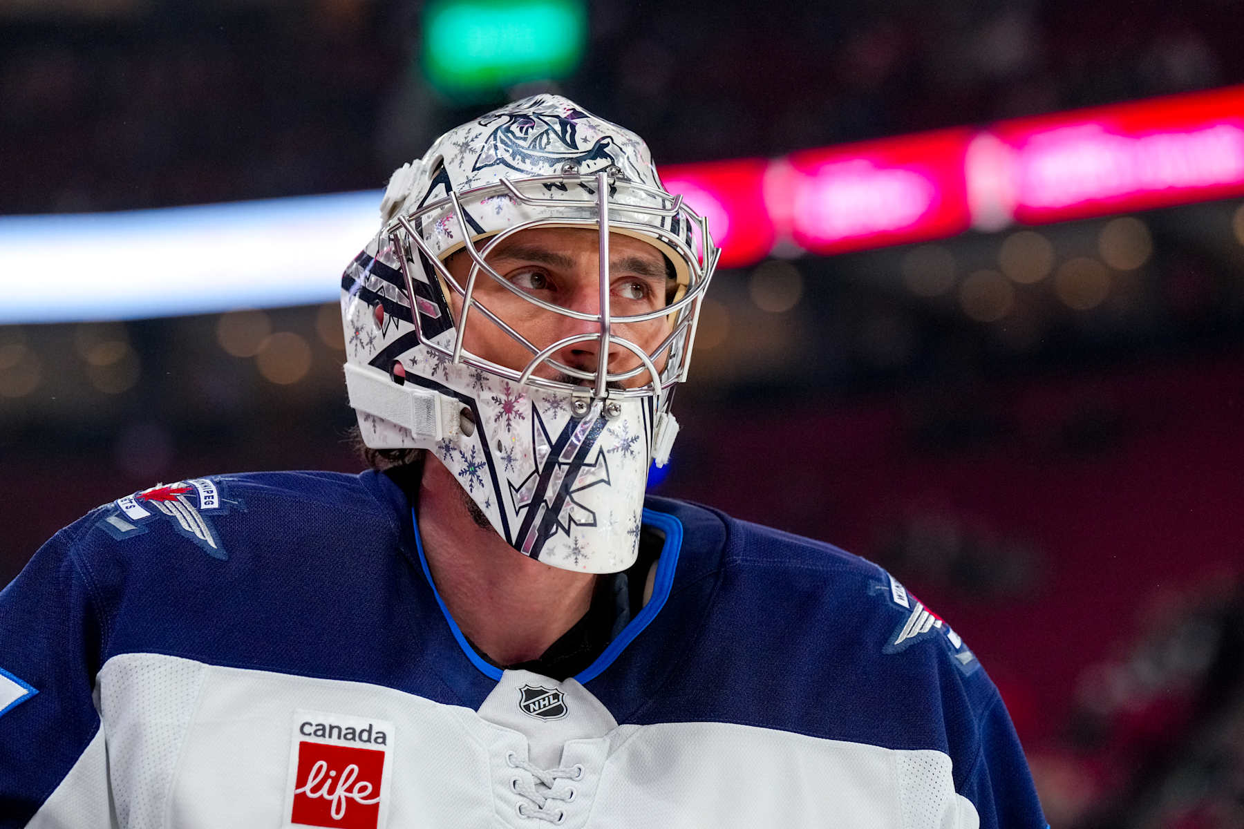 MONTREAL, QUEBEC - JANUARY 28: Connor Hellebuyck #37 of the Winnipeg Jets looks on before the game against the Montreal Canadiens at Bell Centre on January 28, 2025 in Montreal, Quebec. (Photo by Reuben Polansky-Shapiro/NHLI via Getty Images)