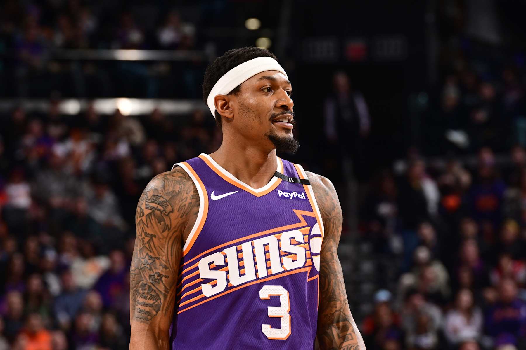 PHOENIX, AZ - JANUARY 29: Bradley Beal #3 of the Phoenix Suns looks on during the game against the Minnesota Timberwolves on January 29, 2025 at Footprint Center in Phoenix, Arizona. NOTE TO USER: User expressly acknowledges and agrees that, by downloading and or using this photograph, user is consenting to the terms and conditions of the Getty Images License Agreement. Mandatory Copyright Notice: Copyright 2025 NBAE (Photo by Kate Frese/NBAE via Getty Images)