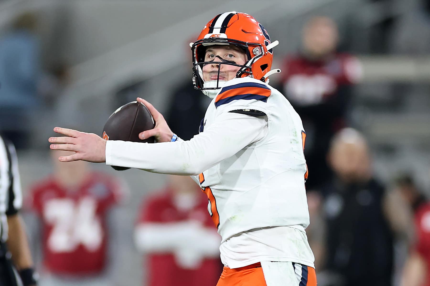 SAN DIEGO, CALIFORNIA - DECEMBER 27: Kyle McCord #6 of the Syracuse Orange drops back to pass during the first half of the DirecTV Holiday Bowl against the Washington State Cougars at Snapdragon Stadium on December 27, 2024 in San Diego, California. (Photo by Sean M. Haffey/Getty Images)