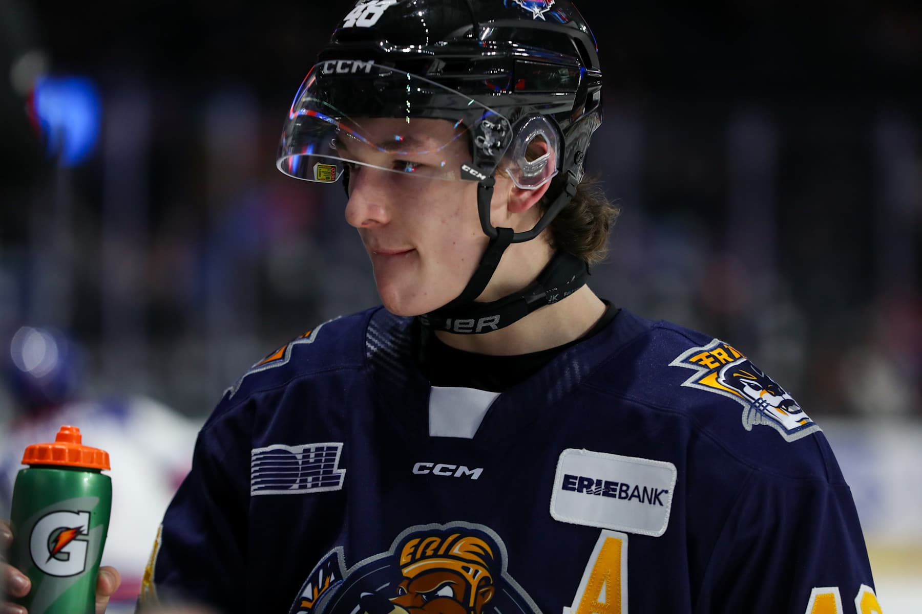 LONDON, ONTARIO - NOVEMBER 26: Defenceman Matthew Schaefer #48 of Team CHL warms up prior to a game against Team USA during the CHL USA Prospects Challenge at Canada Life Place on November 26, 2024 in London, Ontario. (Photo by Dennis Pajot/Getty Images)