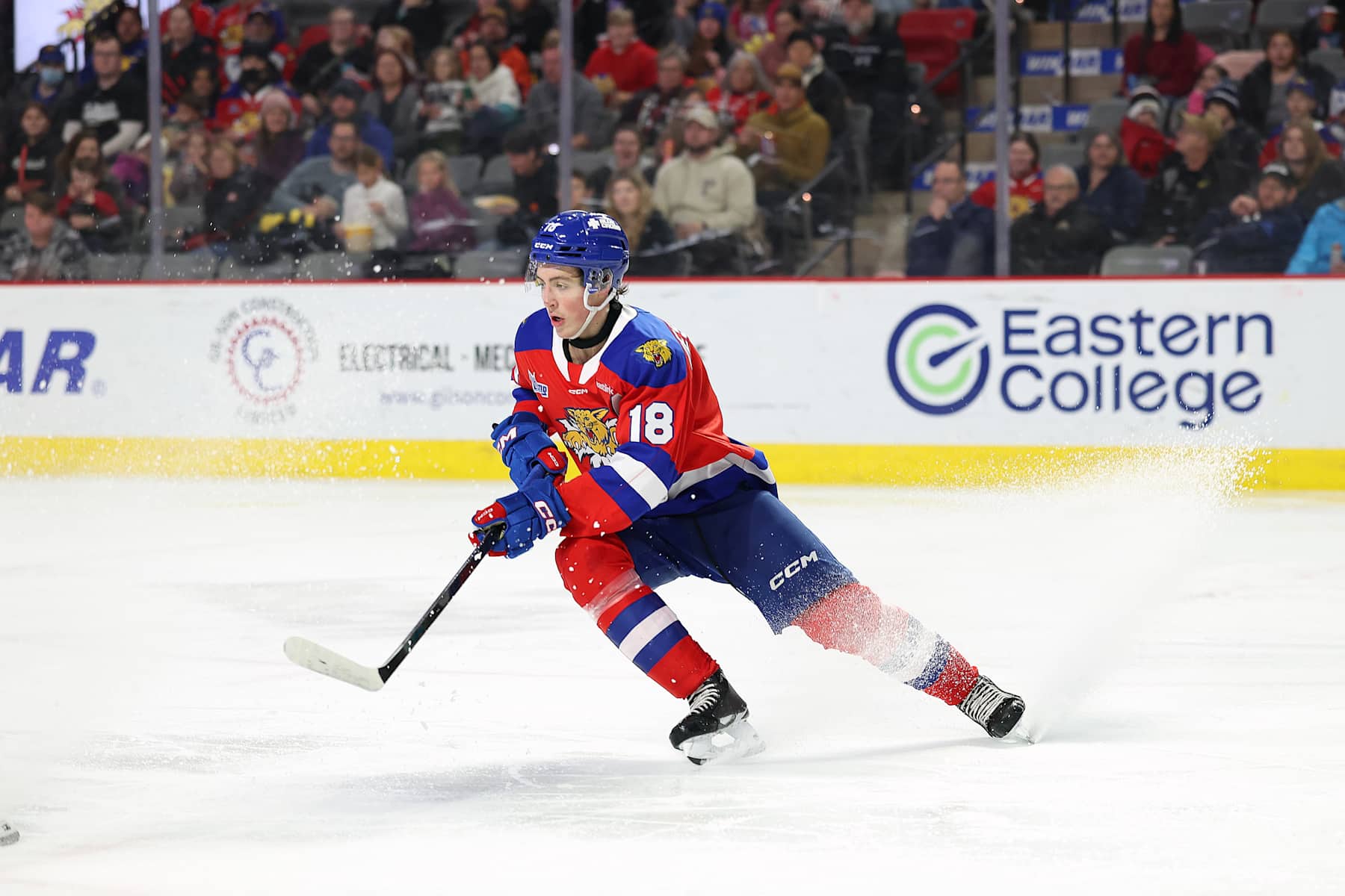 MONCTON, CANADA - DECEMBER 31: Caleb Desnoyers #18 of Moncton Wildcats skates after the puck against Charlottetown Islanders during the second period at Avenir Centre on December 31, 2024 in Moncton, Canada. (Photo by Dale Preston/Getty Images)