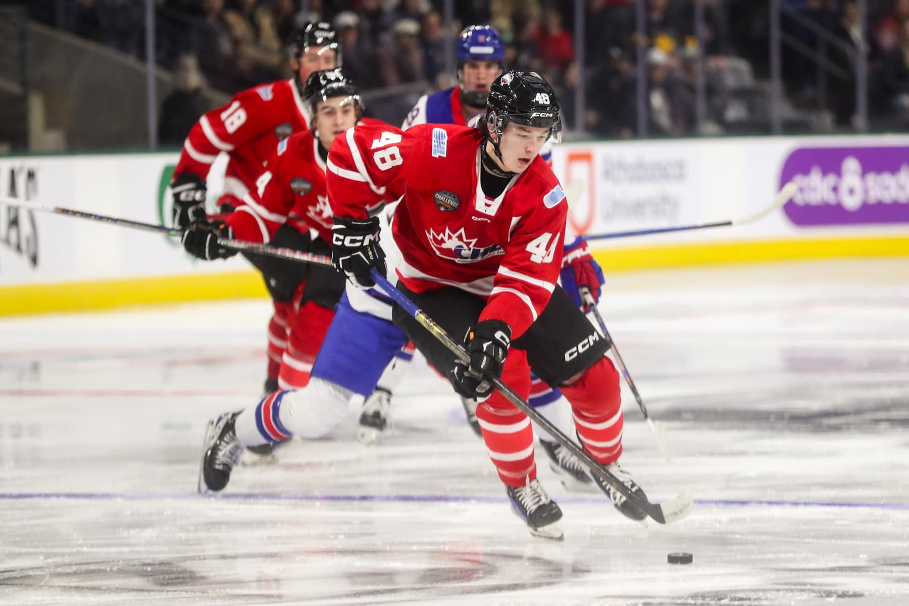 LONDON, ONTARIO - NOVEMBER 26: Forward Matthew Schaefer #48 of Team CHL moves the puck against Team USA during the CHL USA Prospects Challenge at Canada Life Place on November 26, 2024 in London, Ontario. (Photo by Dennis Pajot/Getty Images)