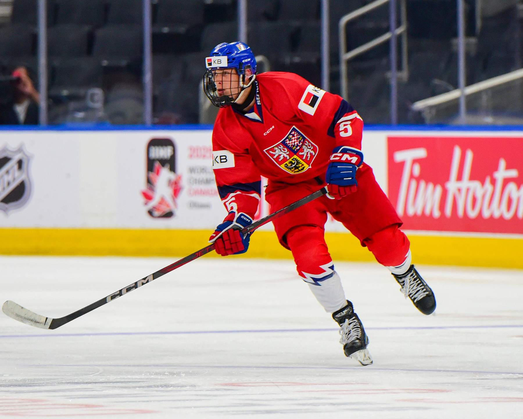 EDMONTON, CANADA AUGUST 05: Radim Mrtka #5 of Team Czechia in action against Team USA during the preliminary round of the 2024 Hlinka Gretzky Cup at Rogers Place on August 05, 2024, in Edmonton, Alberta, Canada. (Photo by Leila Devlin/Getty Images)