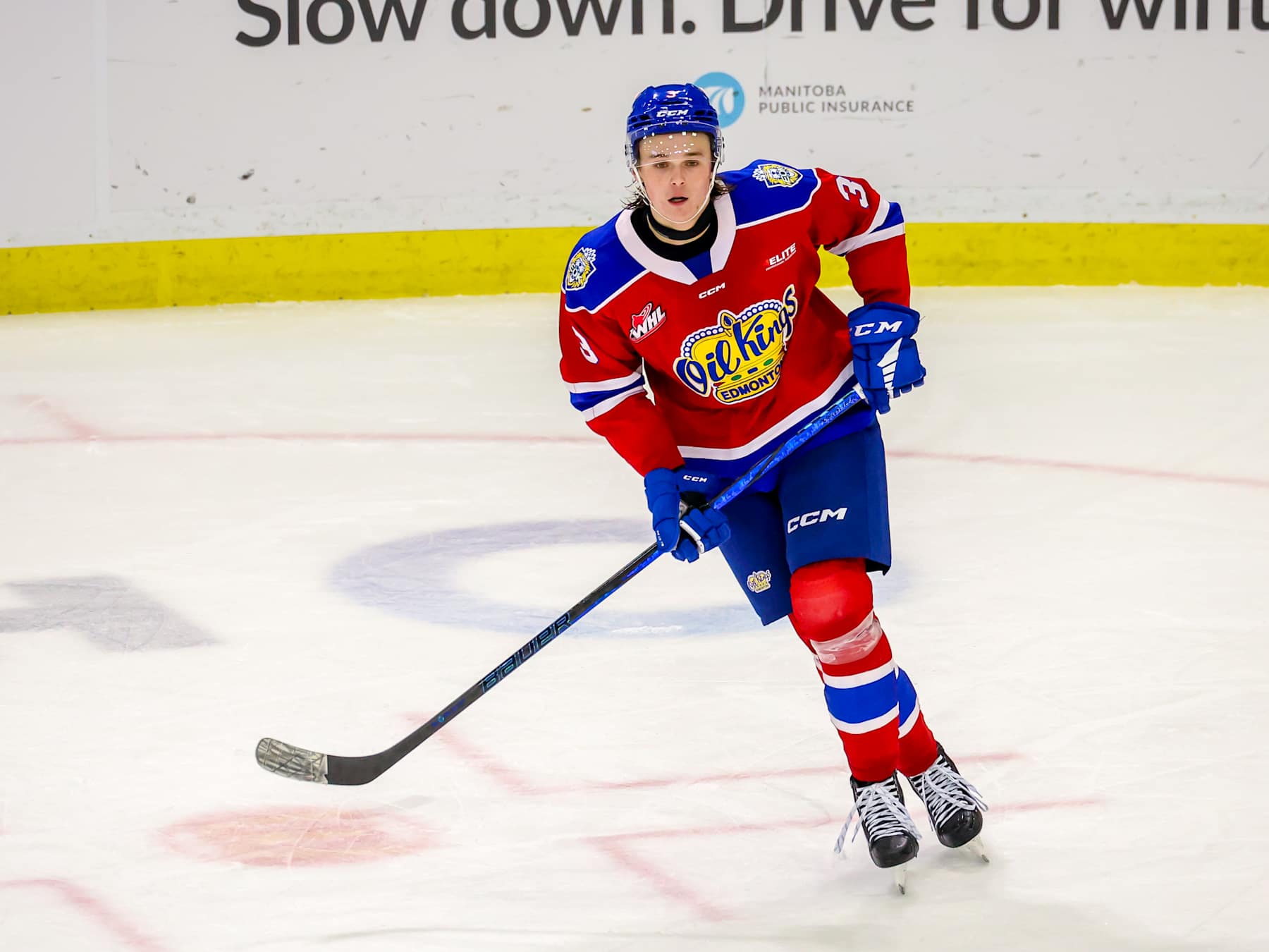 BRANDON, CANADA - OCTOBER 04: Blake Fiddler #3 of the Edmonton Oil Kings skates during second period action against the Brandon Wheat Kings at Westoba Place on October 04, 2024 in Brandon, Manitoba, Canada. (Photo by Jonathan Kozub/Getty Images)