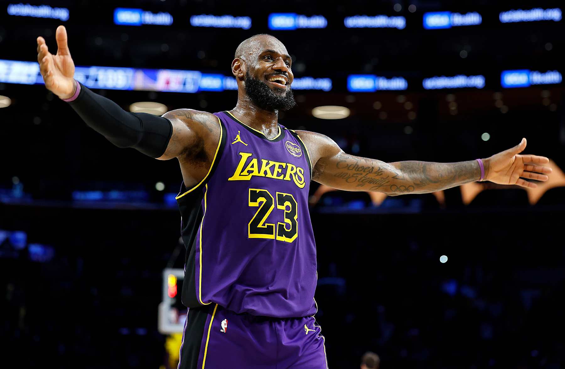 LOS ANGELES, CALIFORNIA - FEBRUARY 06:  LeBron James #23 of the Los Angeles Lakers reacts during a 120-112 win against the Golden State Warriors in the second half at Crypto.com Arena on February 06, 2025 in Los Angeles, California.  NOTE TO USER: User expressly acknowledges and agrees that, by downloading and or using this photograph, User is consenting to the terms and conditions of the Getty Images License Agreement.  (Photo by Ronald Martinez/Getty Images)
