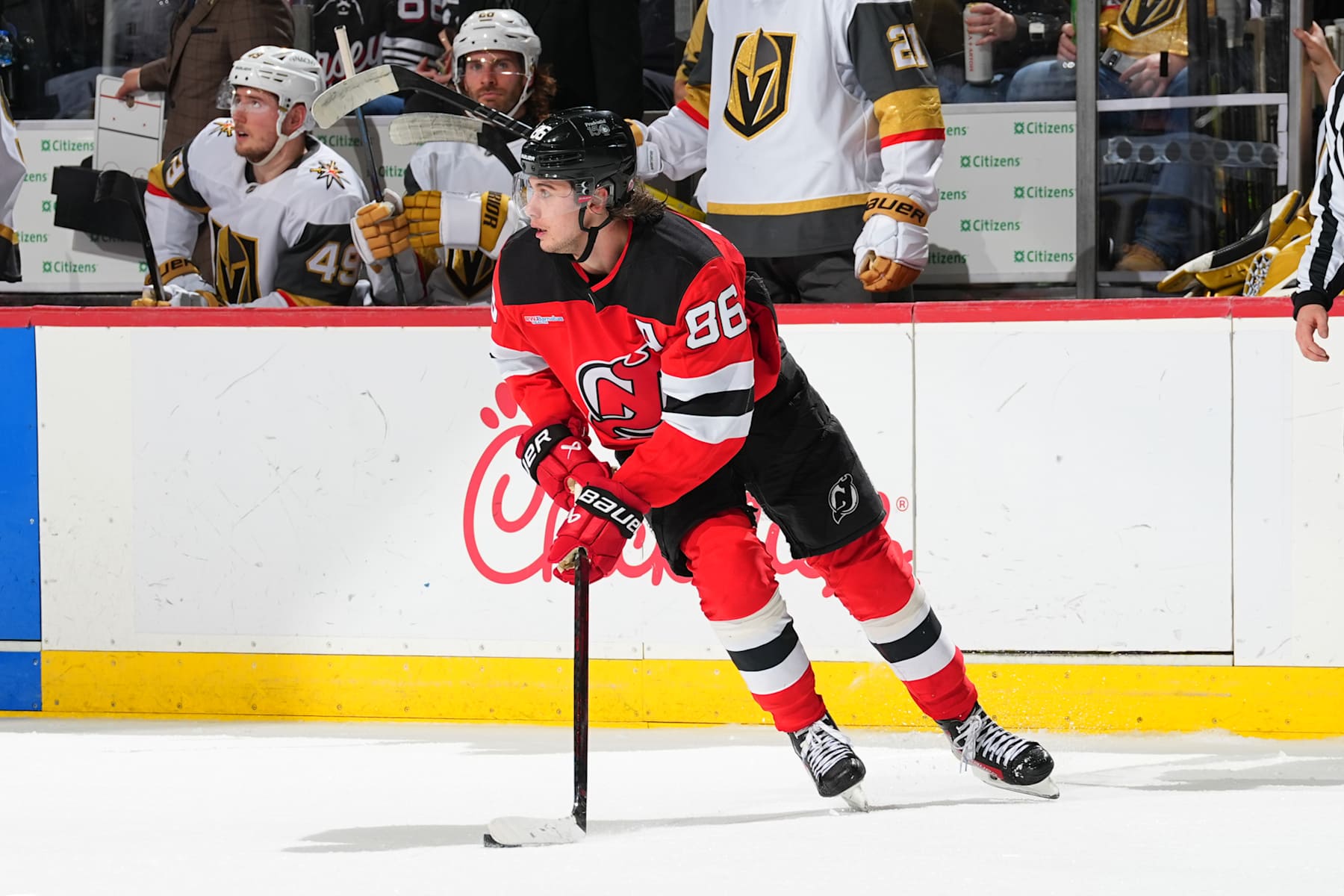 NEWARK, NJ - FEBRUARY 06: Jack Hughes #86 of the New Jersey Devils skates in the second period of the game against the Vegas Golden Knights at Prudential Center on February 6, 2025 in Newark, New Jersey. (Photo by Rich Graessle/NHLI via Getty Images)