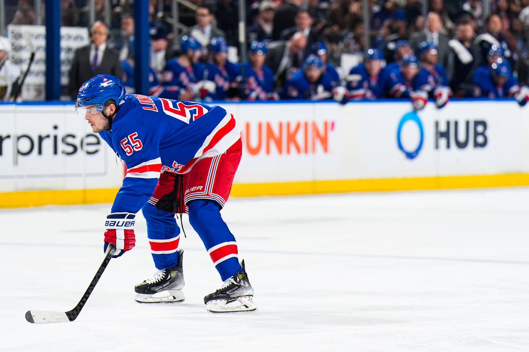 NEW YORK, NEW YORK - FEBRUARY 02: Ryan Lindgren #55 of the New York Rangers skates against the Vegas Golden Knights at Madison Square Garden on February 2, 2025 in New York City. (Photo by Jared Silber/NHLI via Getty Images)