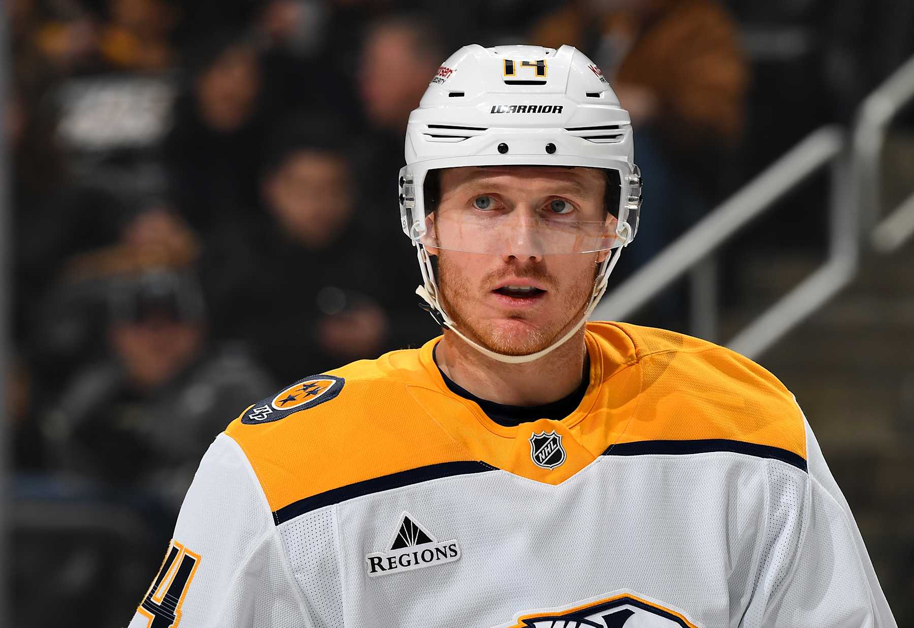 PITTSBURGH, PA - FEBRUARY 1: Gustav Nyquist #14 of the Nashville Predators skates during the game against the Pittsburgh Penguins at PPG PAINTS Arena on February 1, 2025 in Pittsburgh, Pennsylvania. (Photo by Joe Sargent/NHLI via Getty Images)