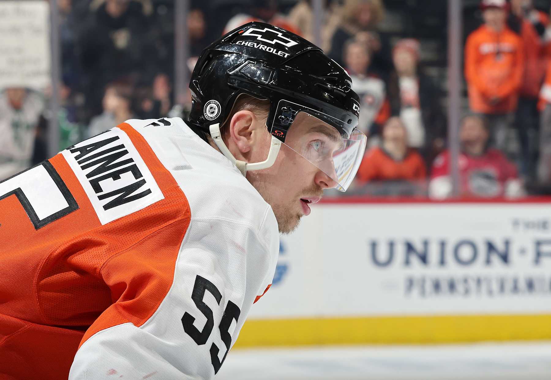 PHILADELPHIA, PENNSYLVANIA - JANUARY 30: Rasmus Ristolainen #55 of the Philadelphia Flyers looks on during warm-ups prior to his game against the New York Islanders at the Wells Fargo Center on January 30, 2025 in Philadelphia, Pennsylvania. (Photo by Len Redkoles/NHLI via Getty Images)