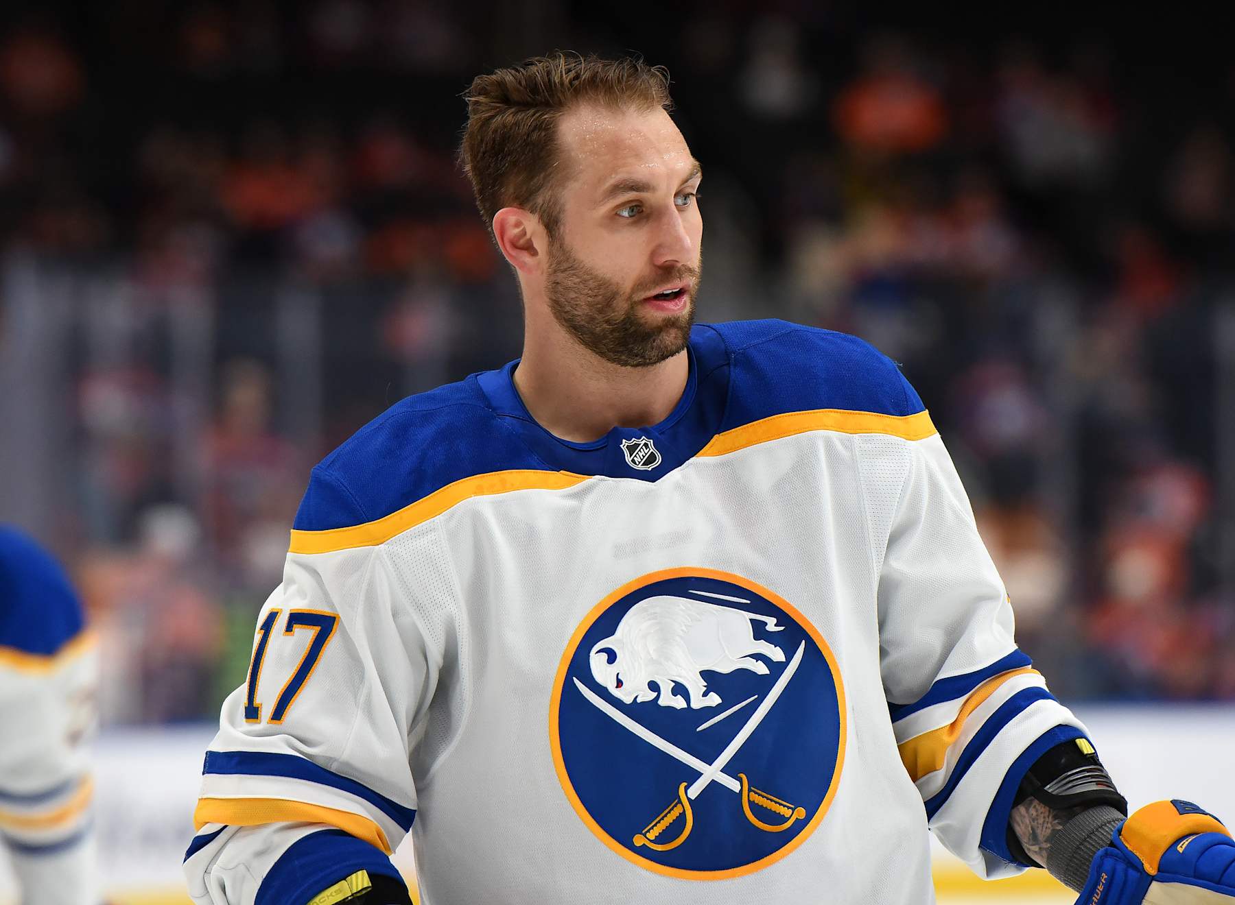 EDMONTON, CANADA - JANUARY 25: Jason Zucker #17 of the Buffalo Sabres warms up prior to the game against the Edmonton Oilers at Rogers Place on January 25, 2025, in Edmonton, Alberta, Canada. (Photo by Leila Devlin/Getty Images)