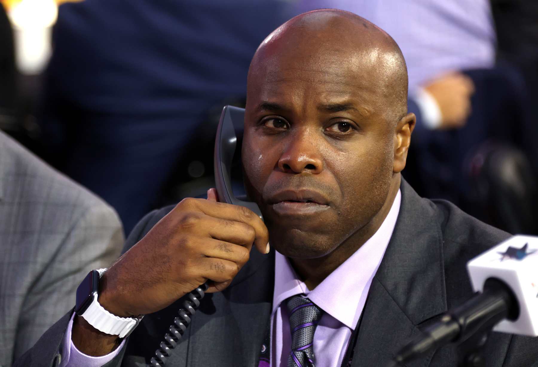 LAS VEGAS, NEVADA - JUNE 29: General manager Mike Grier of the San Jose Sharks looks on from the draft table during the 2024 Upper Deck NHL Draft Rounds 2-7 at Sphere on June 29, 2024 in Las Vegas, Nevada. (Photo by Dave Sandford/NHLI via Getty Images)
