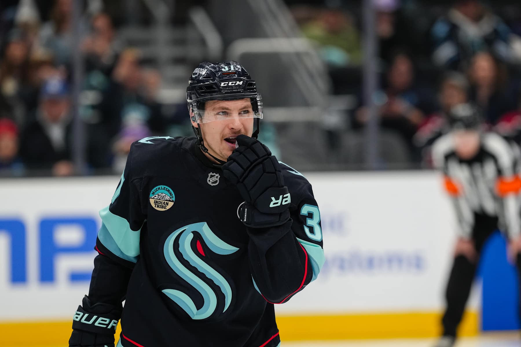 SEATTLE, WASHINGTON - JANUARY 02: Yanni Gourde #37 of the Seattle Kraken looks on during the third period of a game against the Vancouver Canucks at Climate Pledge Arena on January 02, 2025 in Seattle, Washington. (Photo by Christopher Mast/2025 NHLI)