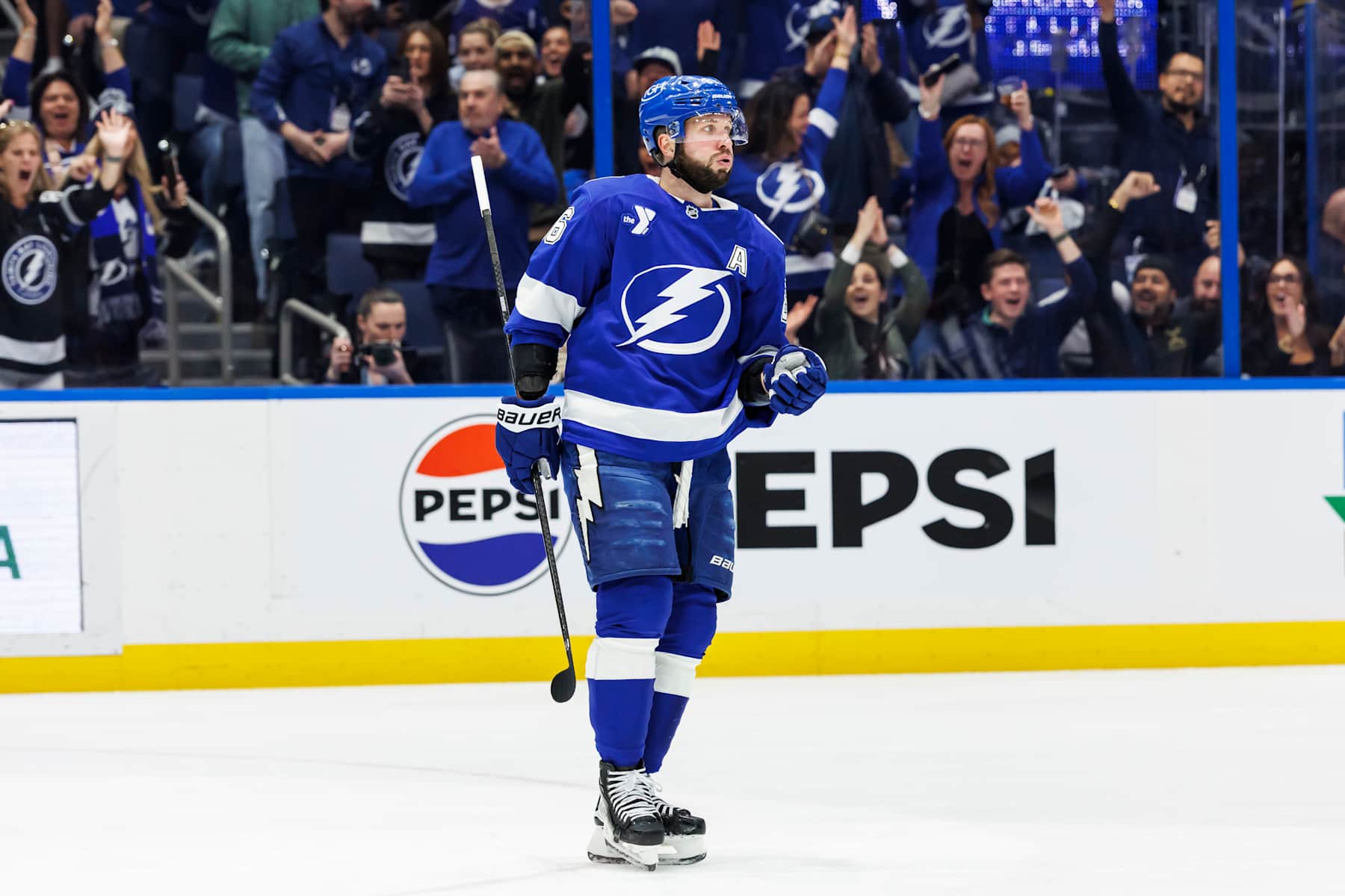 TAMPA, FL - FEBRUARY 4: Nikita Kucherov #86 of the Tampa Bay Lightning celebrates a goal against the Ottawa Senators at Amalie Arena on February 4, 2025 in Tampa, Florida. (Photo by Mark LoMoglio/NHLI via Getty Images)