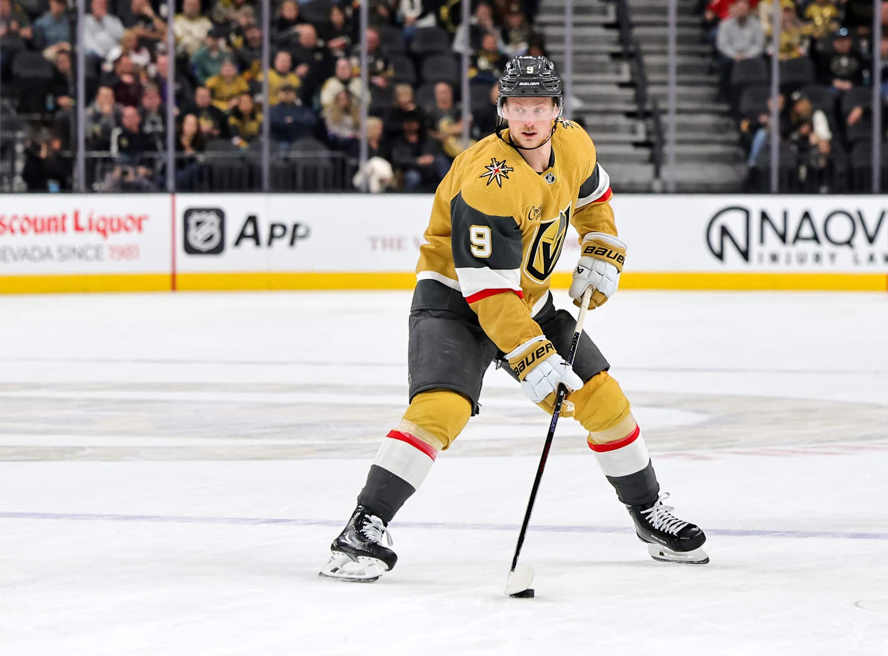 LAS VEGAS, NEVADA - JANUARY 30: Jack Eichel #9 of the Vegas Golden Knights skates with the puck against the Columbus Blue Jackets in overtime of their game at T-Mobile Arena on January 30, 2025 in Las Vegas, Nevada. The Blue Jackets defeated the Golden Knights 2-1 in overtime. (Photo by Ethan Miller/Getty Images)
