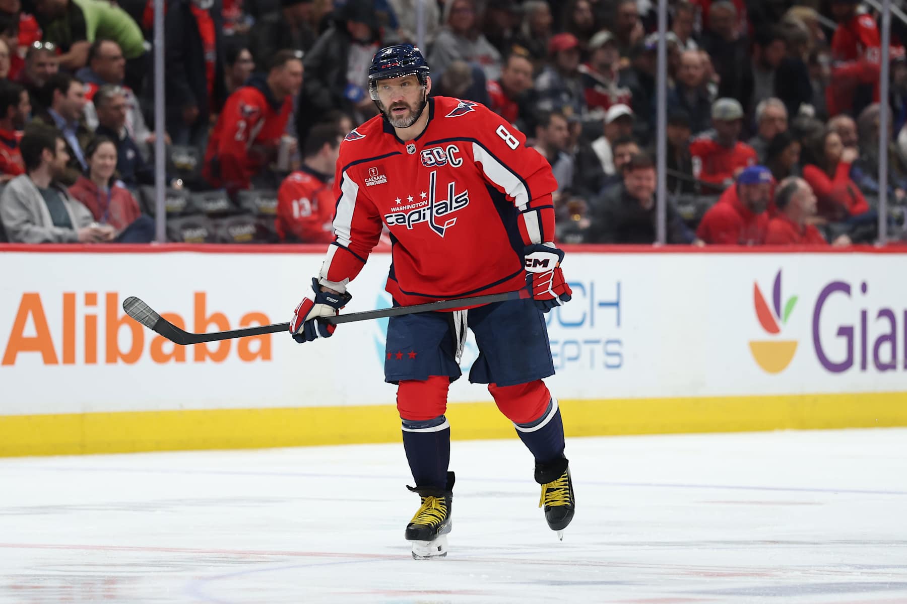 WASHINGTON, DC - FEBRUARY 04: Alex Ovechkin #8 of the Washington Capitals skates against the Florida Panthers at Capital One Arena on February 04, 2025 in Washington, DC. (Photo by Patrick Smith/Getty Images)