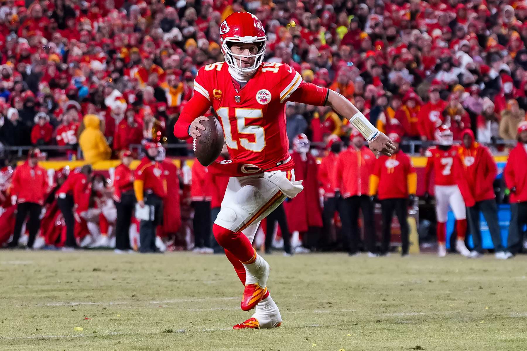 KANSAS CITY, MISSOURI - JANUARY 26: Quarterback Patrick Mahomes #15 of the Kansas City Chiefs drops back to pass during the first half of the AFC Championship game against the Buffalo Bills, at GEHA Field at Arrowhead Stadium on January 26, 2025 in Kansas City, Missouri. (Photo by Todd Rosenberg/Getty Images)