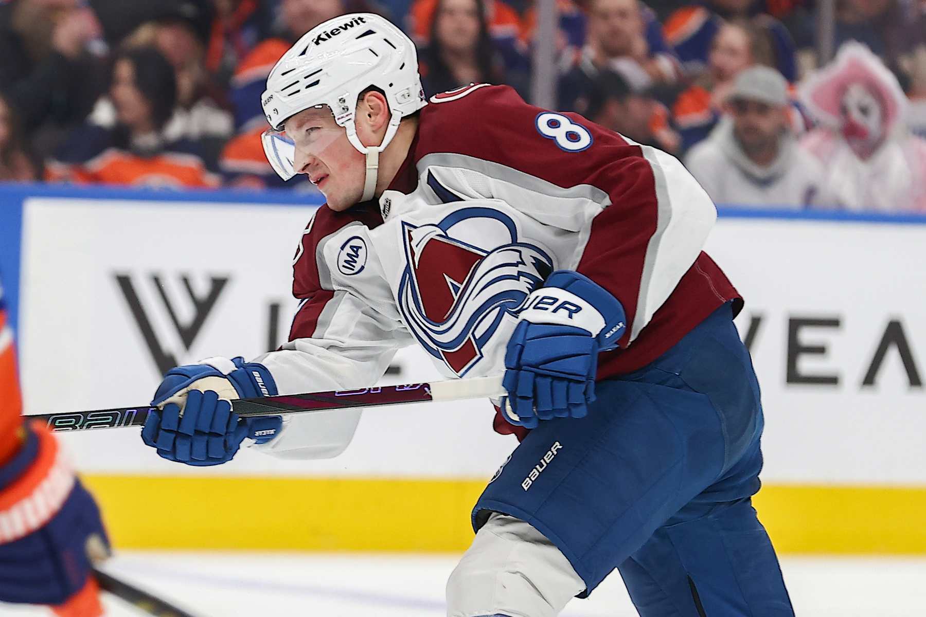 EDMONTON, AB - FEBRUARY 07 Colorado Avalanche Defenceman Cale Makar (8) takes a shot on Edmonton Oilers Goalie Calvin Pickard (30) in the second period of the Edmonton Oilers game versus the Colorado Avalanche on February 7, 2025 at Rogers Place in Edmonton, AB. (Photo by Curtis Comeau/Icon Sportswire via Getty Images)