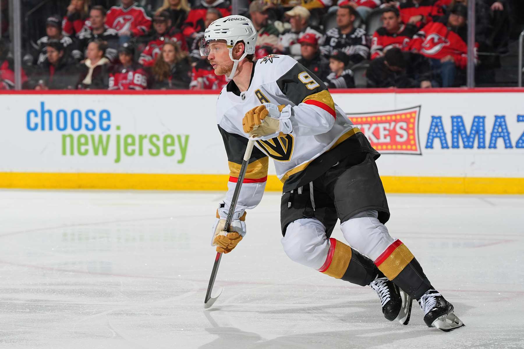 NEWARK, NJ - FEBRUARY 06: Jack Eichel #9 of the Vegas Golden Knights skates during the game against the New Jersey Devils at Prudential Center on February 6, 2025 in Newark, New Jersey. (Photo by Rich Graessle/NHLI via Getty Images)