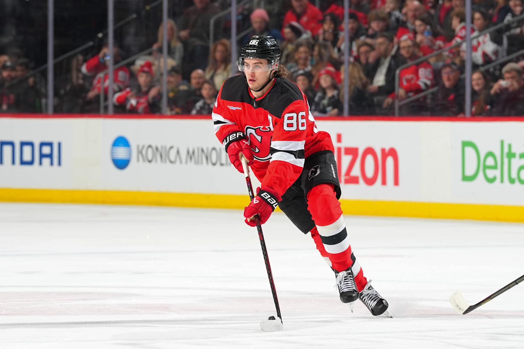 NEWARK, NJ - FEBRUARY 06: Jack Hughes #86 of the New Jersey Devils skates in the first period of the game against the Vegas Golden Knights at Prudential Center on February 6, 2025 in Newark, New Jersey. (Photo by Rich Graessle/NHLI via Getty Images)
