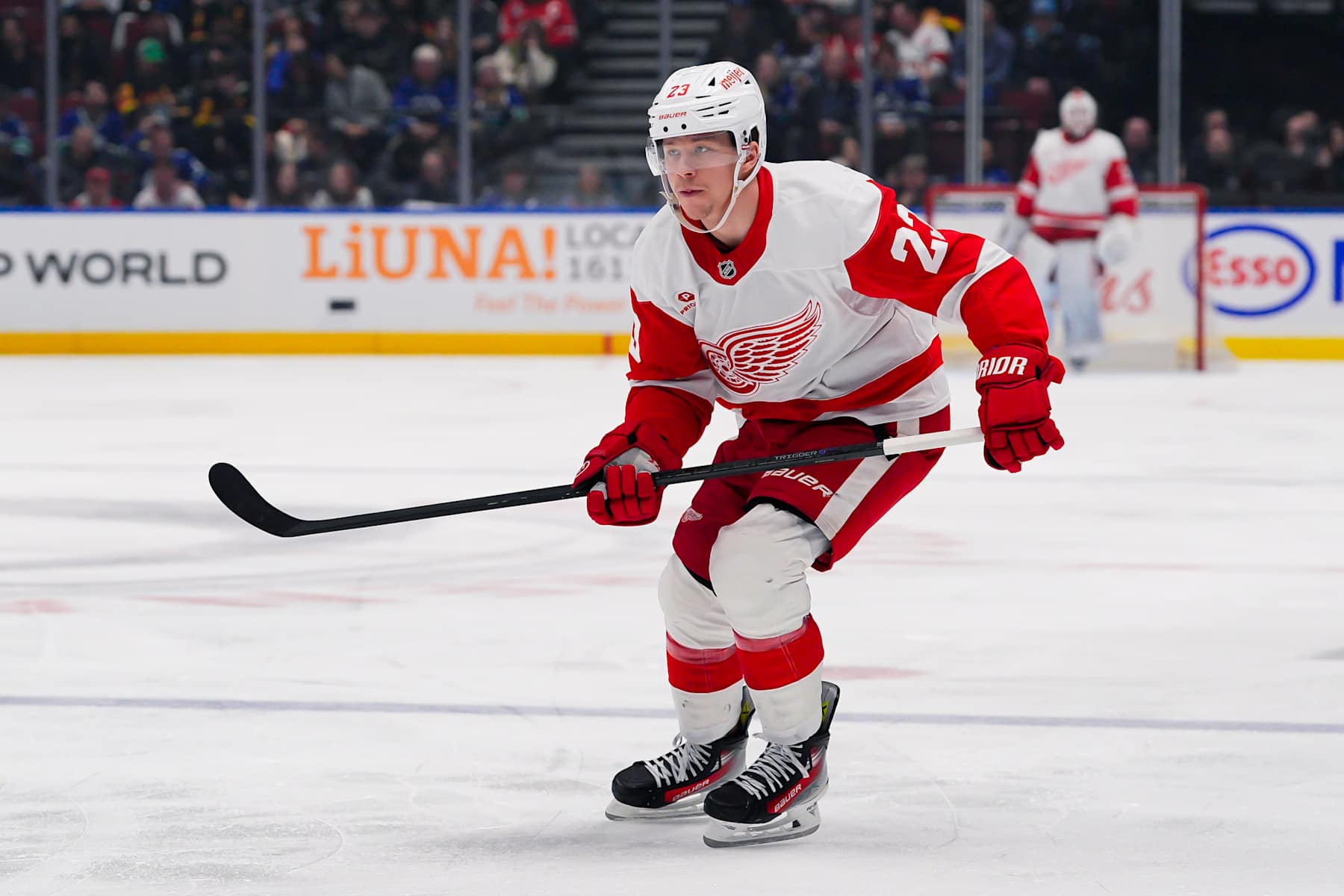 VANCOUVER, CANADA - FEBRUARY 2: Lucas Raymond #23 of the Detroit Red Wings skates during the second period of their NHL game against the Vancouver Canucks at Rogers Arena on February 2, 2025 in Vancouver, British Columbia, Canada. (Photo by Derek Cain/Getty Images)