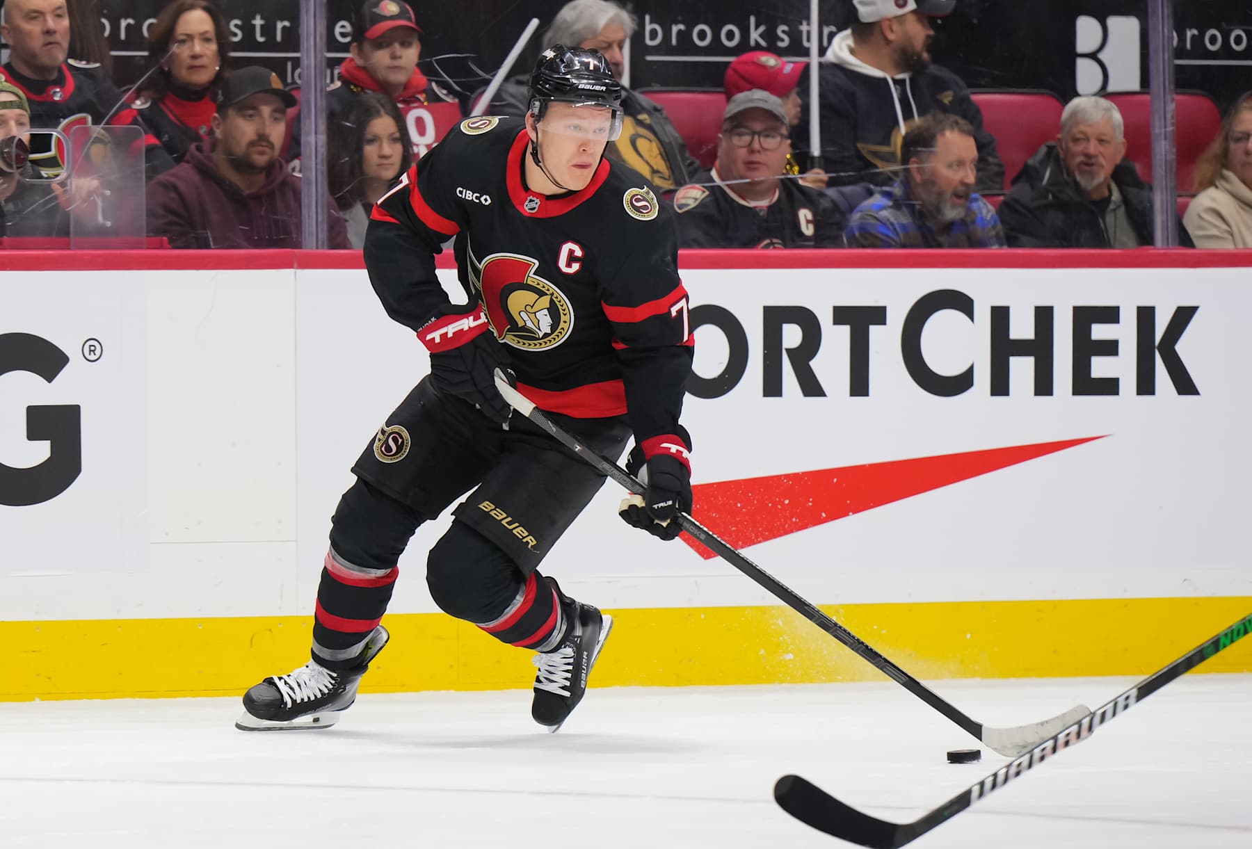OTTAWA, CANADA - FEBRUARY 1: Brady Tkachuk #7 of the Ottawa Senators skates against the Minnesota Wild at Canadian Tire Centre on February 1, 2025 in Ottawa, Ontario, Canada. (Photo by André Ringuette/NHLI via Getty Images)