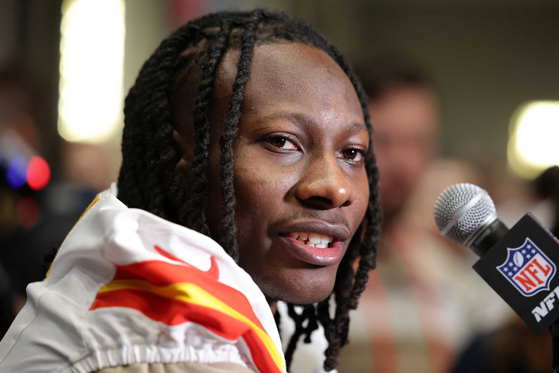 NEW ORLEANS, LOUISIANA - FEBRUARY 04: Hollywood Brown #5 of the Kansas City Chiefs speaks during a news conference at New Orleans Marriott on February 04, 2025 in New Orleans, Louisiana.  (Photo by Jonathan Bachman/Getty Images)