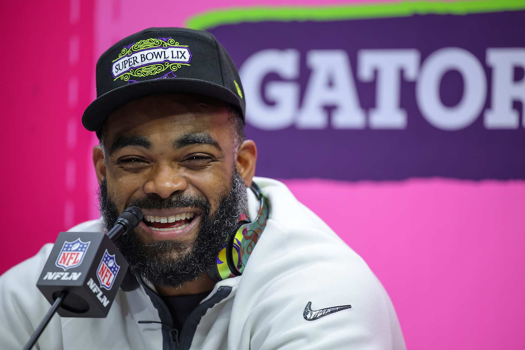 NEW ORLEANS, LOUISIANA - FEBRUARY 03: Brandon Graham #55 of the Philadelphia Eagles addresses the media during Super Bowl LIX Opening Night at Caesars Superdome on February 03, 2025 in New Orleans, Louisiana. (Photo by Jonathan Bachman/Getty Images)
