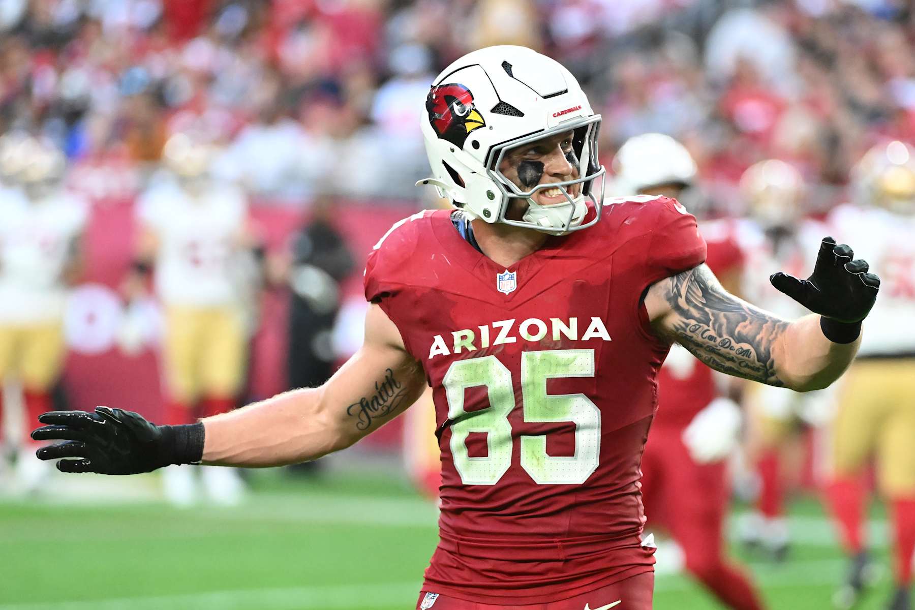 GLENDALE, ARIZONA - JANUARY 05: Trey McBride #85 of the Arizona Cardinals reacts after a missed two point conversion during the third quarter against the San Francisco 49ers at State Farm Stadium on January 05, 2025 in Glendale, Arizona. (Photo by Norm Hall/Getty Images)