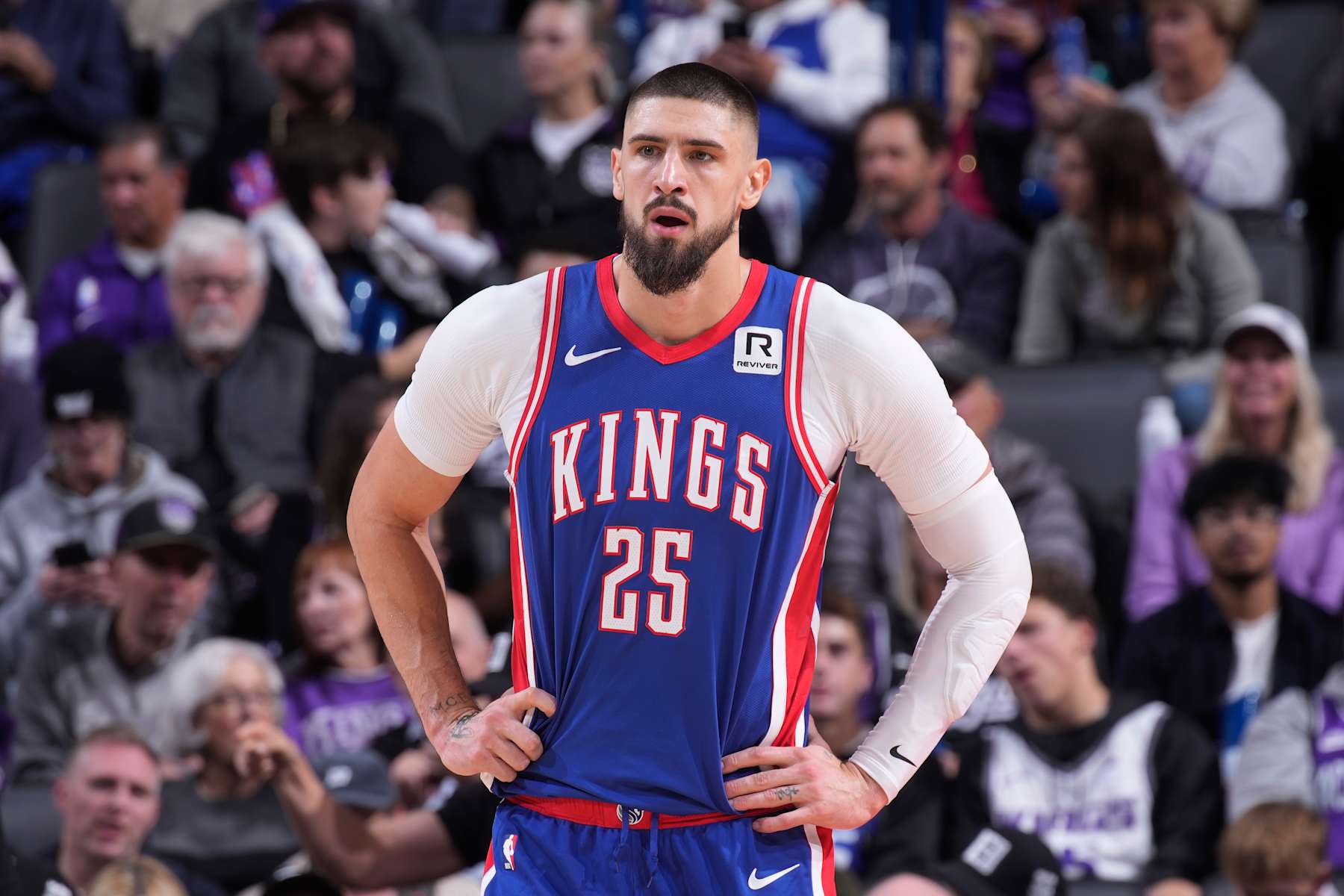 SACRAMENTO, CA - NOVEMBER 18: Alex Len #25 of the Sacramento Kings looks on during the game against the Atlanta Hawks on November 18, 2024 at Golden 1 Center in Sacramento, California. NOTE TO USER: User expressly acknowledges and agrees that, by downloading and or using this photograph, User is consenting to the terms and conditions of the Getty Images Agreement. Mandatory Copyright Notice: Copyright 2024 NBAE (Photo by Rocky Widner/NBAE via Getty Images)