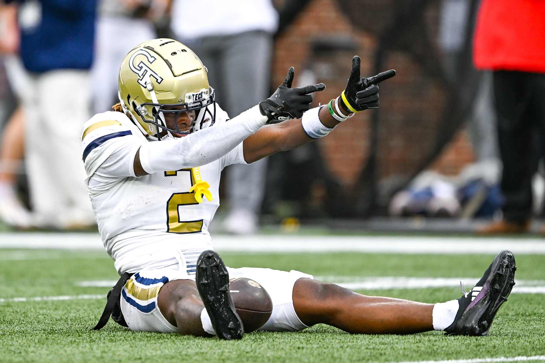 ATLANTA, GA SEPTEMBER 14: Georgia Tech wide receiver Eric Singleton Jr. (2) reacts after catching a pass during the college football game between the Virginia Military Institute Keydets and the Georgia Tech Yellow Jackets on September 14th, 2024 at Bobby Dodd Stadium in Atlanta, GA. (Photo by Rich von Biberstein/Icon Sportswire via Getty Images)