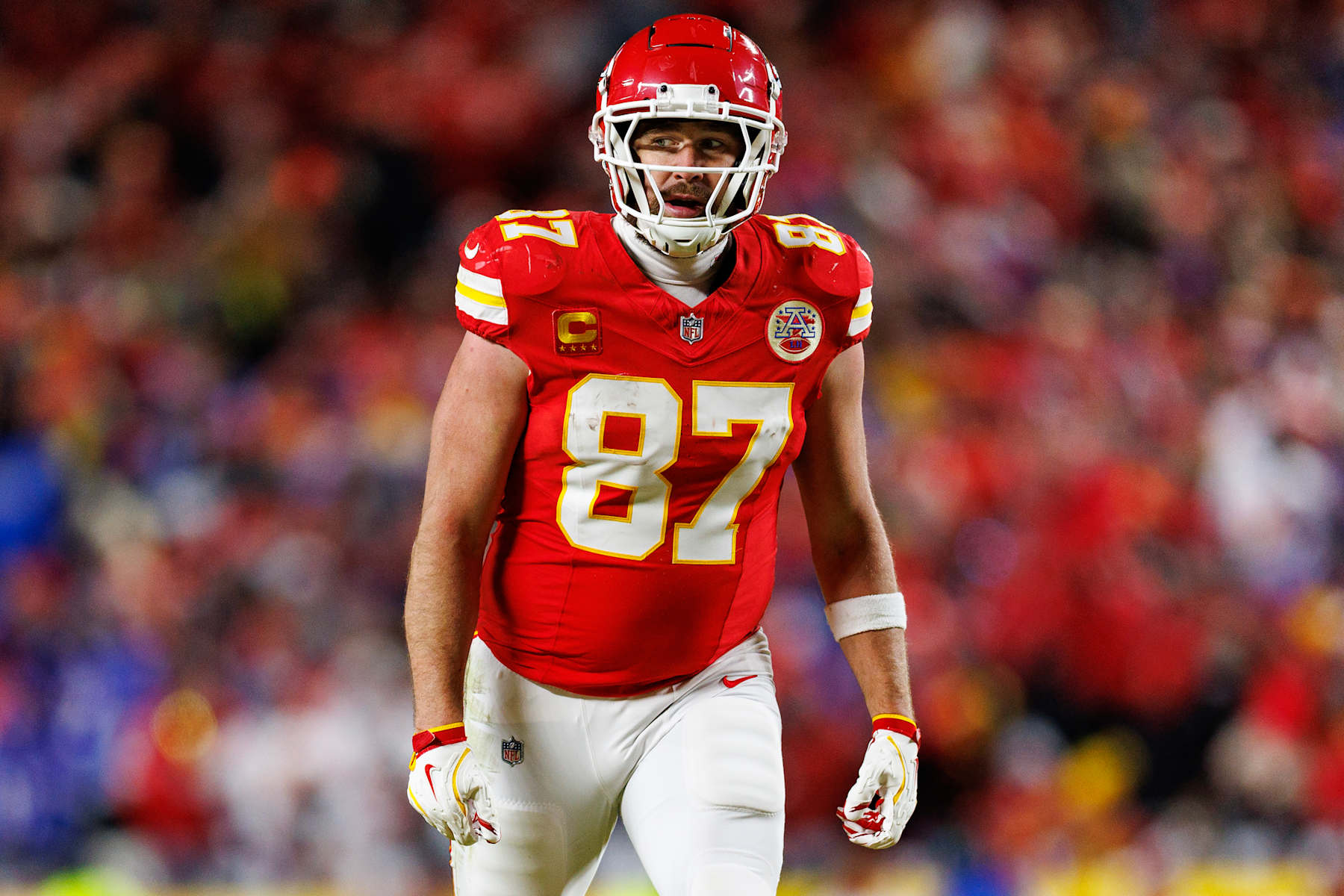 KANSAS CITY, MISSOURI - JANUARY 26: Tight end Travis Kelce #87 of the Kansas City Chiefs gets set during the second half of the AFC Championship game against the Buffalo Bills, at GEHA Field at Arrowhead Stadium on January 26, 2025 in Kansas City, Missouri. (Photo by Brooke Sutton/Getty Images)