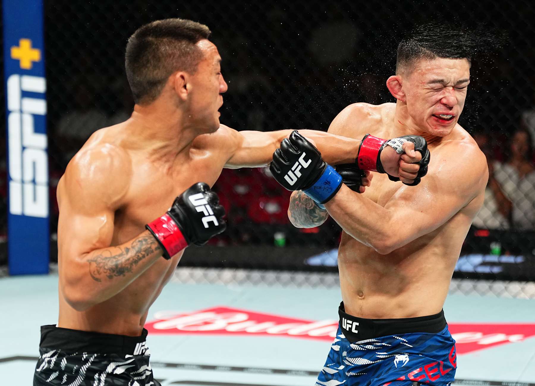 SYDNEY, AUSTRALIA - FEBRUARY 09: (L-R) Rongzhu of China punches Kody Steele in a lightweight fight during the UFC 312 event at Qudos Bank Arena on February 09, 2025 in Sydney, Australia. (Photo by Jeff Bottari/Zuffa LLC)