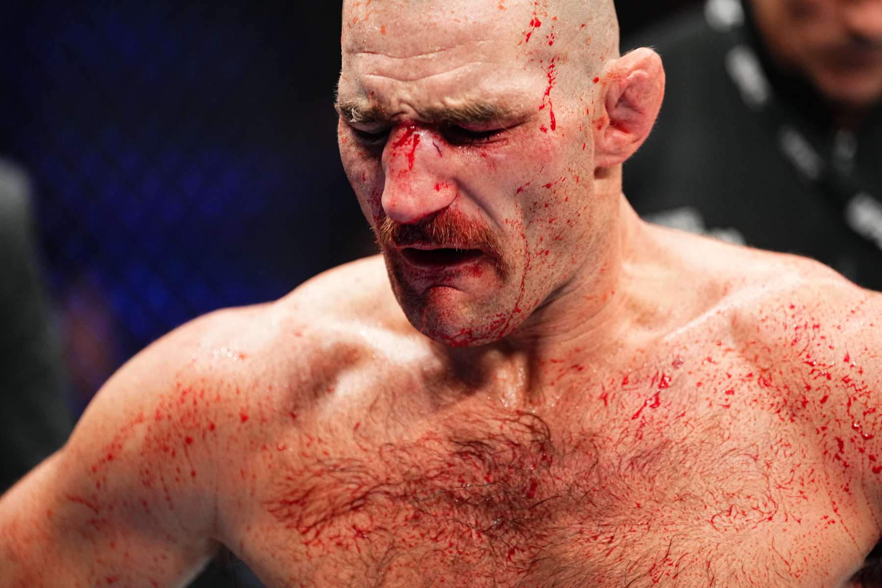 SYDNEY, AUSTRALIA - FEBRUARY 09: Sean Strickland reacts after his UFC middleweight championship fight against Dricus Du Plessis of South Africa during the UFC 312 event at Qudos Bank Arena on February 09, 2025 in Sydney, Australia. (Photo by Jeff Bottari/Zuffa LLC)