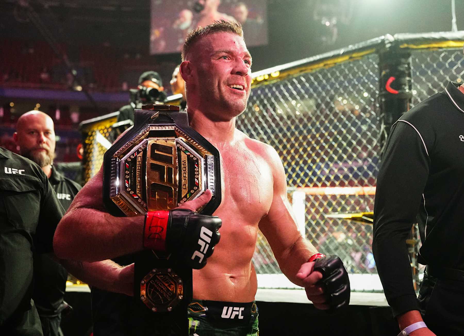 SYDNEY, AUSTRALIA - FEBRUARY 09: Dricus Du Plessis of South Africa reacts after a unanimous-decision victory against Sean Strickland in the UFC middleweight championship fight during the UFC 312 event at Qudos Bank Arena on February 09, 2025 in Sydney, Australia. (Photo by Jeff Bottari/Zuffa LLC)