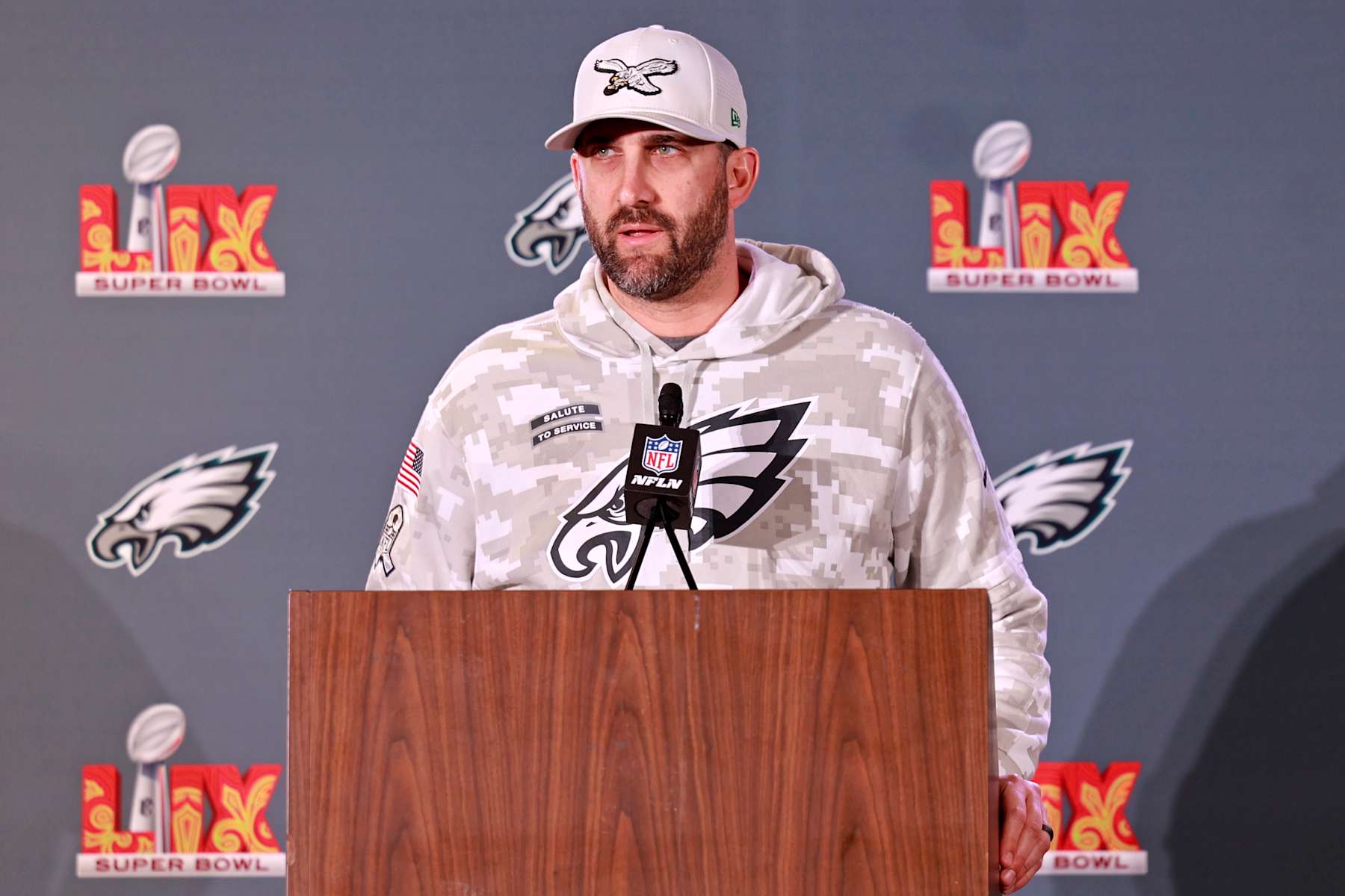 NEW ORLEANS, LOUISIANA - FEBRUARY 6: Head Coach Nick Sirianni of the Philadelphia Eagles answers questions during a media availability ahead of Super Bowl LIX at the Hilton New Orleans Riverside Hotel on February 6, 2025 in New Orleans, Louisiana. The Eagles will face the Kansas City Chiefs this Sunday in the Caesars Superdome. (Photo by Michael DeMocker/Getty Images)