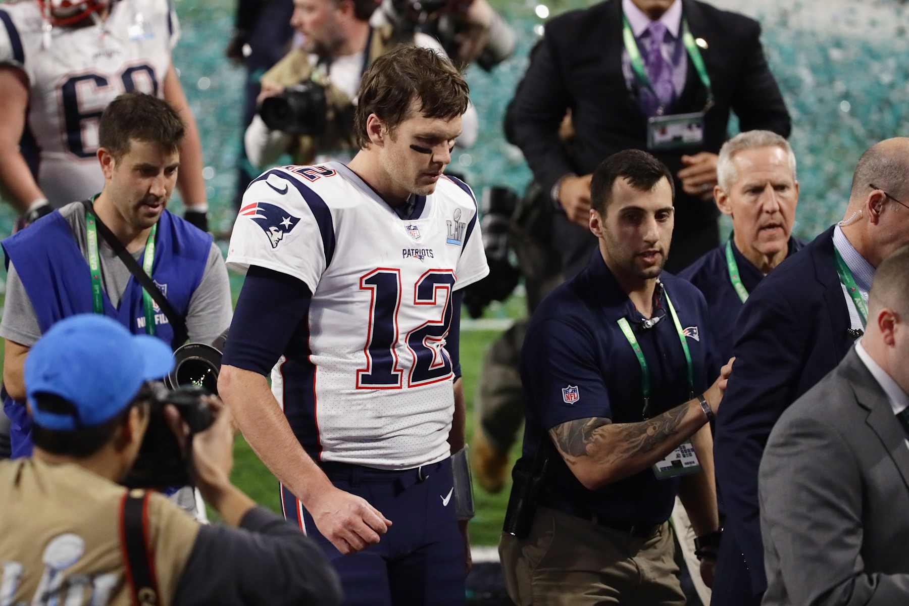 MINNEAPOLIS, MN - FEBRUARY 04: Tom Brady #12 of the New England Patriots reacts after losing Super Bowl LII to the Philadelphia Eagles 41-33 at U.S. Bank Stadium on February 4, 2018 in Minneapolis, Minnesota.  (Photo by Jonathan Daniel/Getty Images)