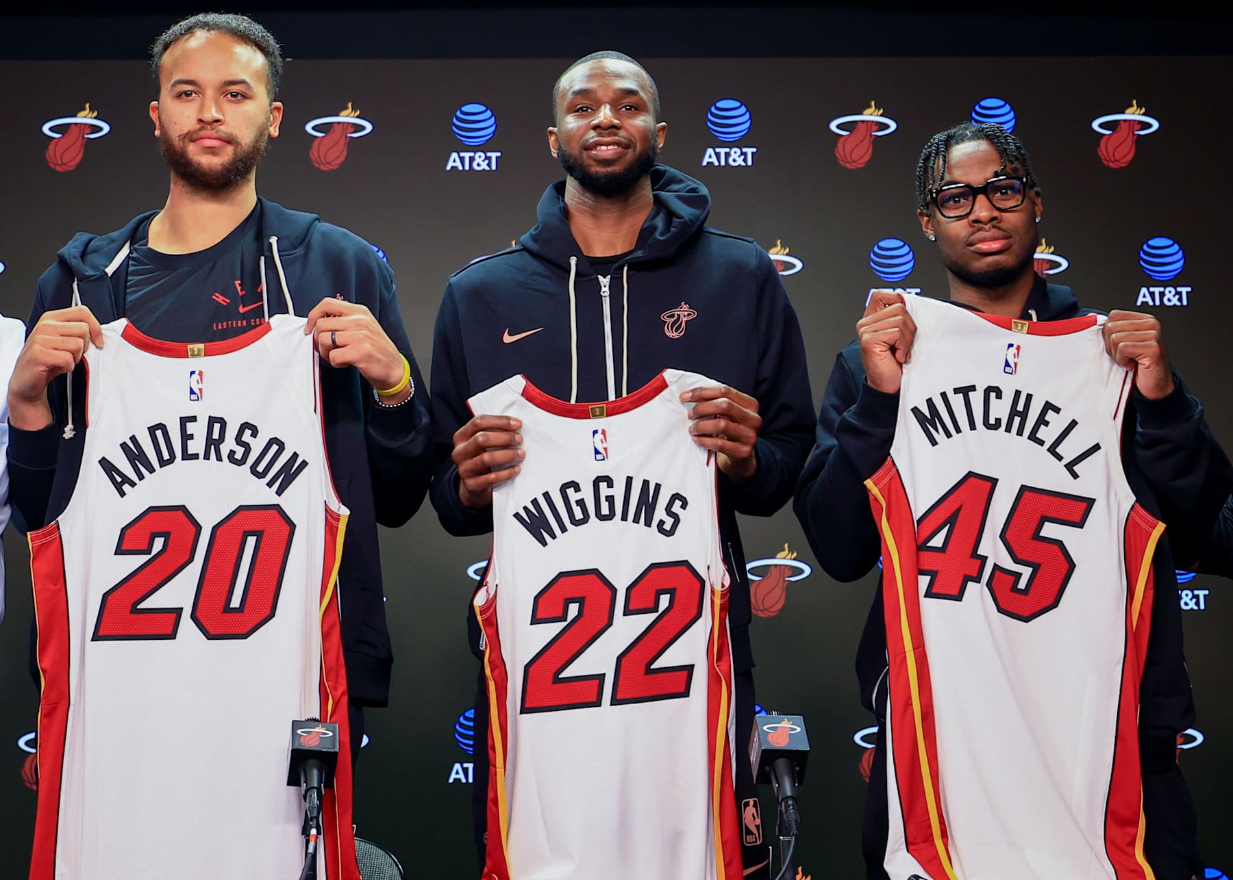 MIAMI, FLORIDA - FEBRUARY 09: Miami Heat players Andrew Wiggins, Kyle Anderson & Davion Mitchell stand together at Kaseya Center on February 09, 2025 in Miami, Florida. (Photo by Carmen Mandato/Getty Images)