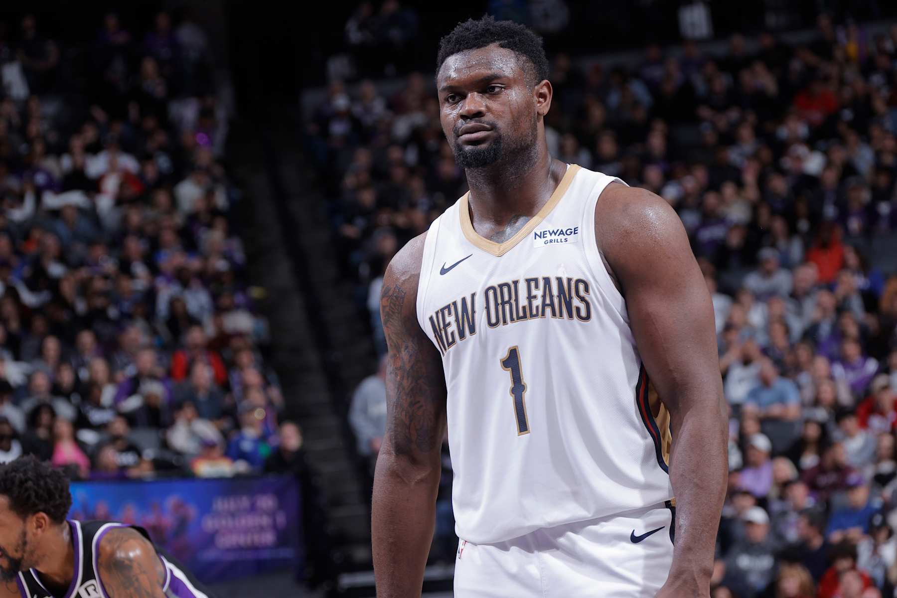 SACRAMENTO, CA - FEBRUARY 8:  Zion Williamson #1 of the New Orleans Pelicans looks on during the game against the Sacramento Kings on February 8, 2025 at Golden 1 Center in Sacramento, California. NOTE TO USER: User expressly acknowledges and agrees that, by downloading and or using this Photograph, user is consenting to the terms and conditions of the Getty Images License Agreement. Mandatory Copyright Notice: Copyright 2025 NBAE (Photo by Rocky Widner/NBAE via Getty Images)