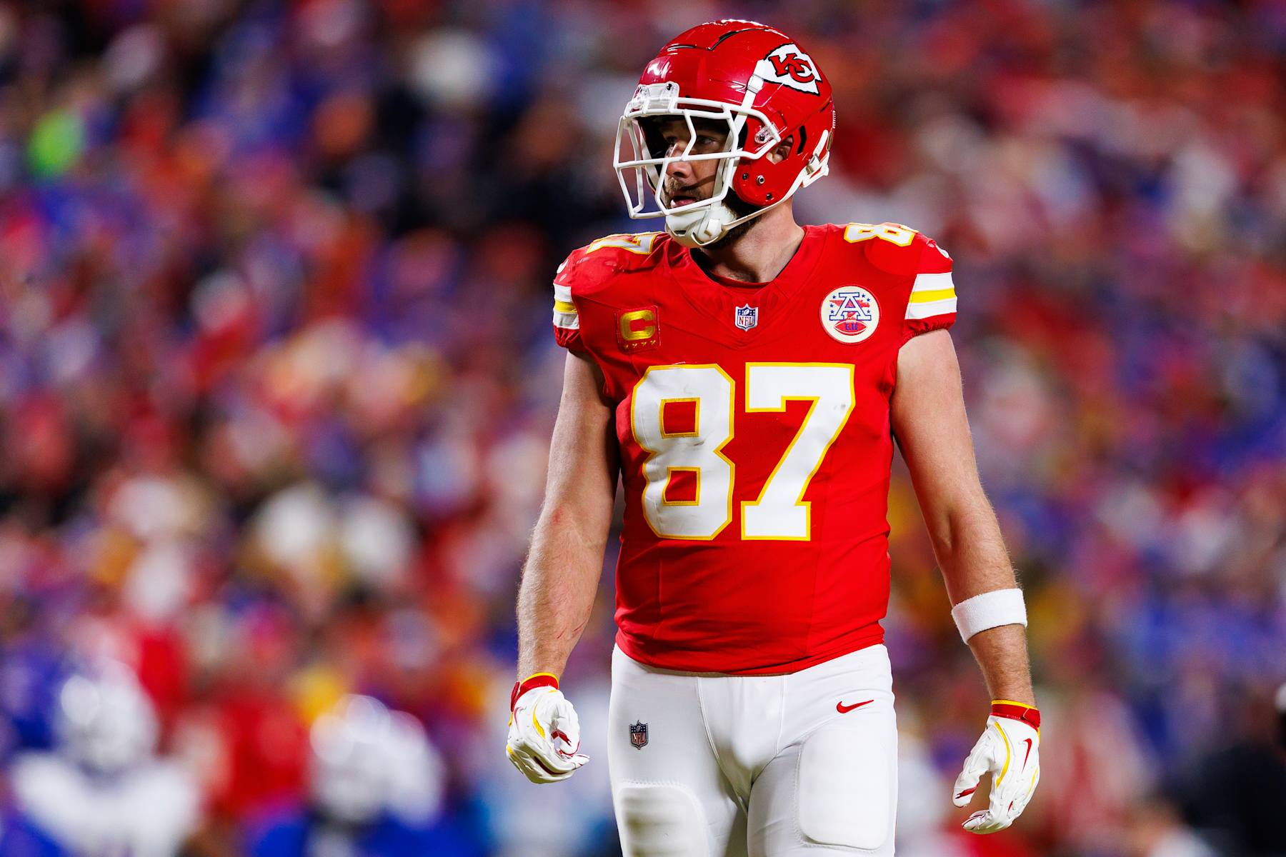 KANSAS CITY, MISSOURI - JANUARY 26: Tight end Travis Kelce #87 of the Kansas City Chiefs stands on the field during the first half of the AFC Championship game against the Buffalo Bills, at GEHA Field at Arrowhead Stadium on January 26, 2025 in Kansas City, Missouri. (Photo by Brooke Sutton/Getty Images)