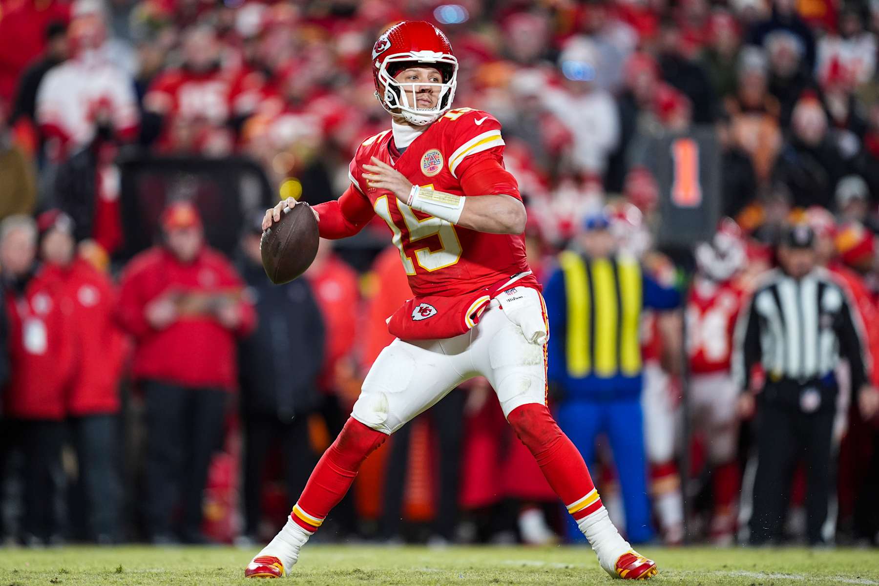 KANSAS CITY, MISSOURI - JANUARY 26: Patrick Mahomes #15 of the Kansas City Chiefs throws the ball during the AFC Championship NFL football game against the Buffalo Bills at GEHA Field at Arrowhead Stadium on January 26, 2025 in Kansas City, Missouri. (Photo by Perry Knotts/Getty Images)