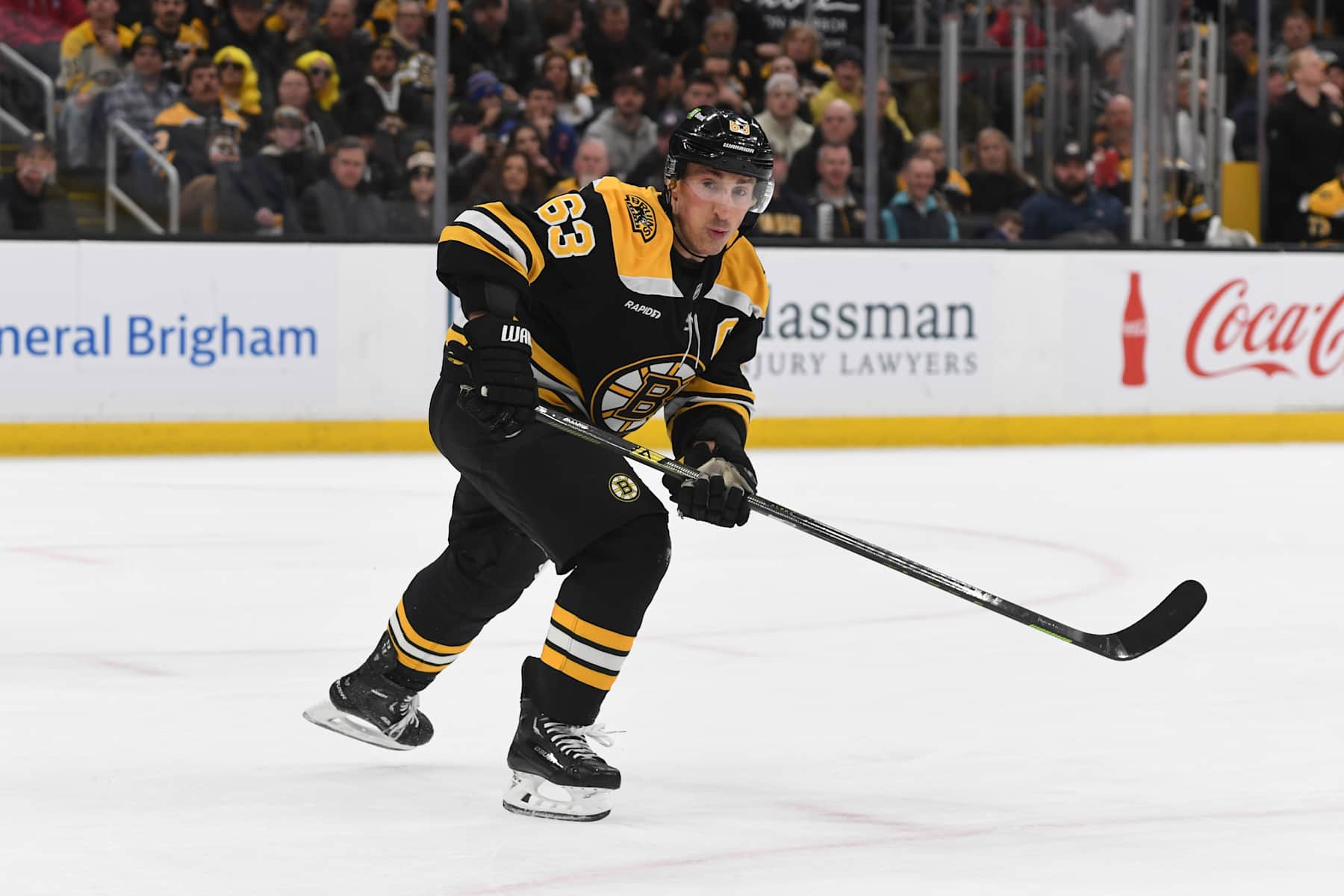 BOSTON, MASSACHUSETTS - FEBRUARY 8: Brad Marchand #63 of the Boston Bruins skates against the Vegas Golden Knights on February 8, 2025, at the TD Garden in Boston, Massachusetts. (Photo by Steve Babineau/NHLI via Getty Images)