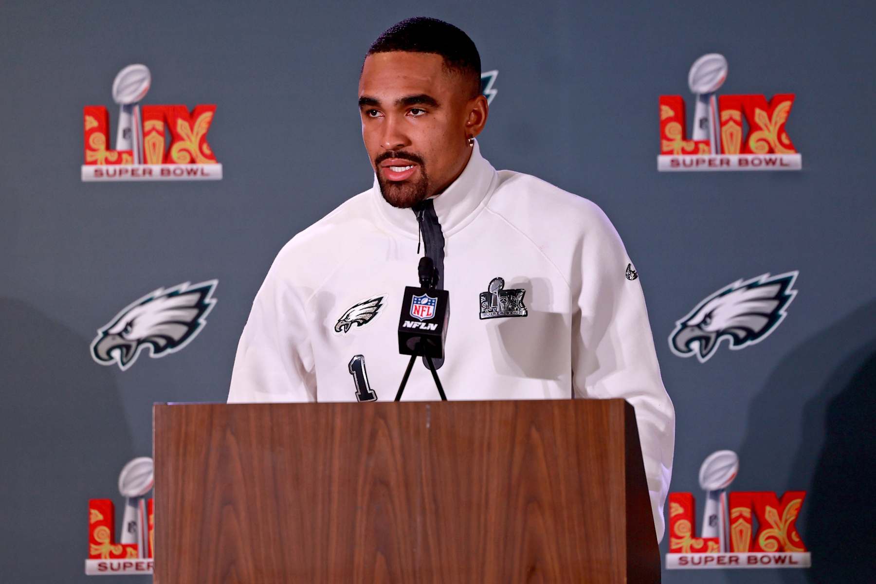 NEW ORLEANS, LOUISIANA - FEBRUARY 5: Quarterback Jalen Hurts #1 of the Philadelphia Eagles answers questions during the team's Wednesday media availability ahead of Super Bowl LIX at the Hilton New Orleans Riverside Hotel on February 5, 2025 in New Orleans, Louisiana. The Eagles face the Kansas City Chiefs this Sunday in the Caesars Superdome. (Photo by Michael DeMocker/Getty Images)