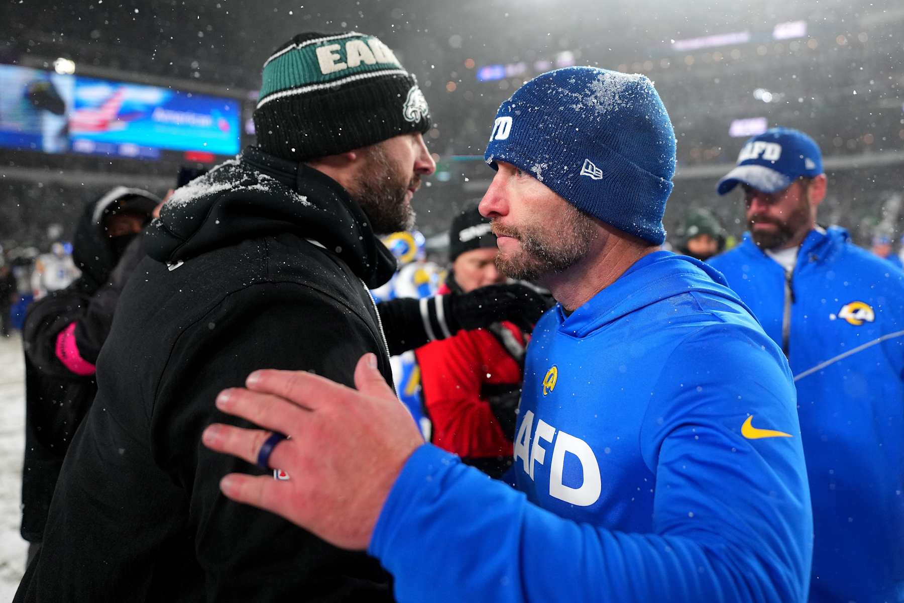 PHILADELPHIA, PENNSYLVANIA - JANUARY 19: (L-R) Head coach Nick Sirianni of the Philadelphia Eagles shakes hands with Head coach Sean McVay of the Los Angeles Rams after the NFC Divisional Playoff at Lincoln Financial Field on January 19, 2025 in Philadelphia, Pennsylvania. (Photo by Mitchell Leff/Getty Images)