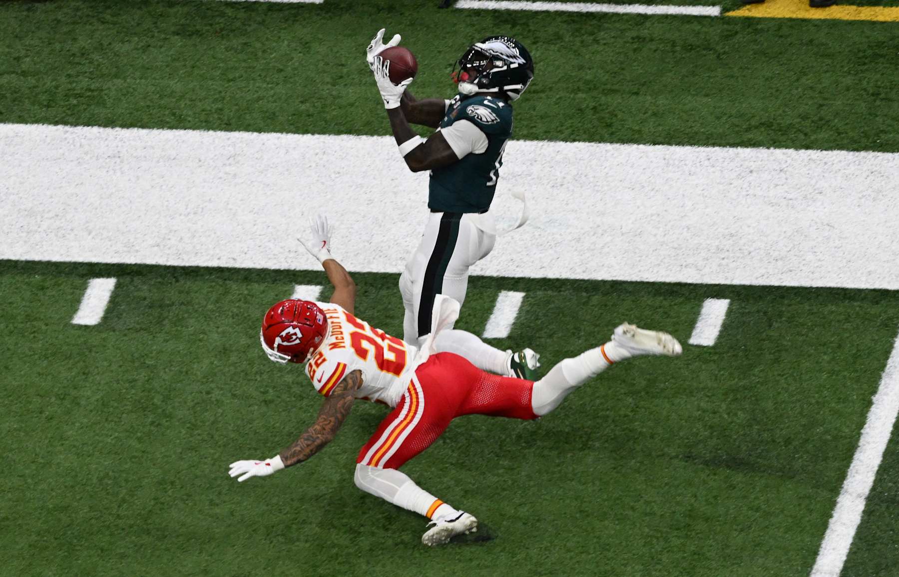 Philadelphia Eagles' wide receiver #11 A.J. Brown catches the ball during Super Bowl LIX between the Kansas City Chiefs and the Philadelphia Eagles at Caesars Superdome in New Orleans, Louisiana, February 9, 2025. (Photo by Chandan Khanna / AFP) (Photo by CHANDAN KHANNA/AFP via Getty Images)          